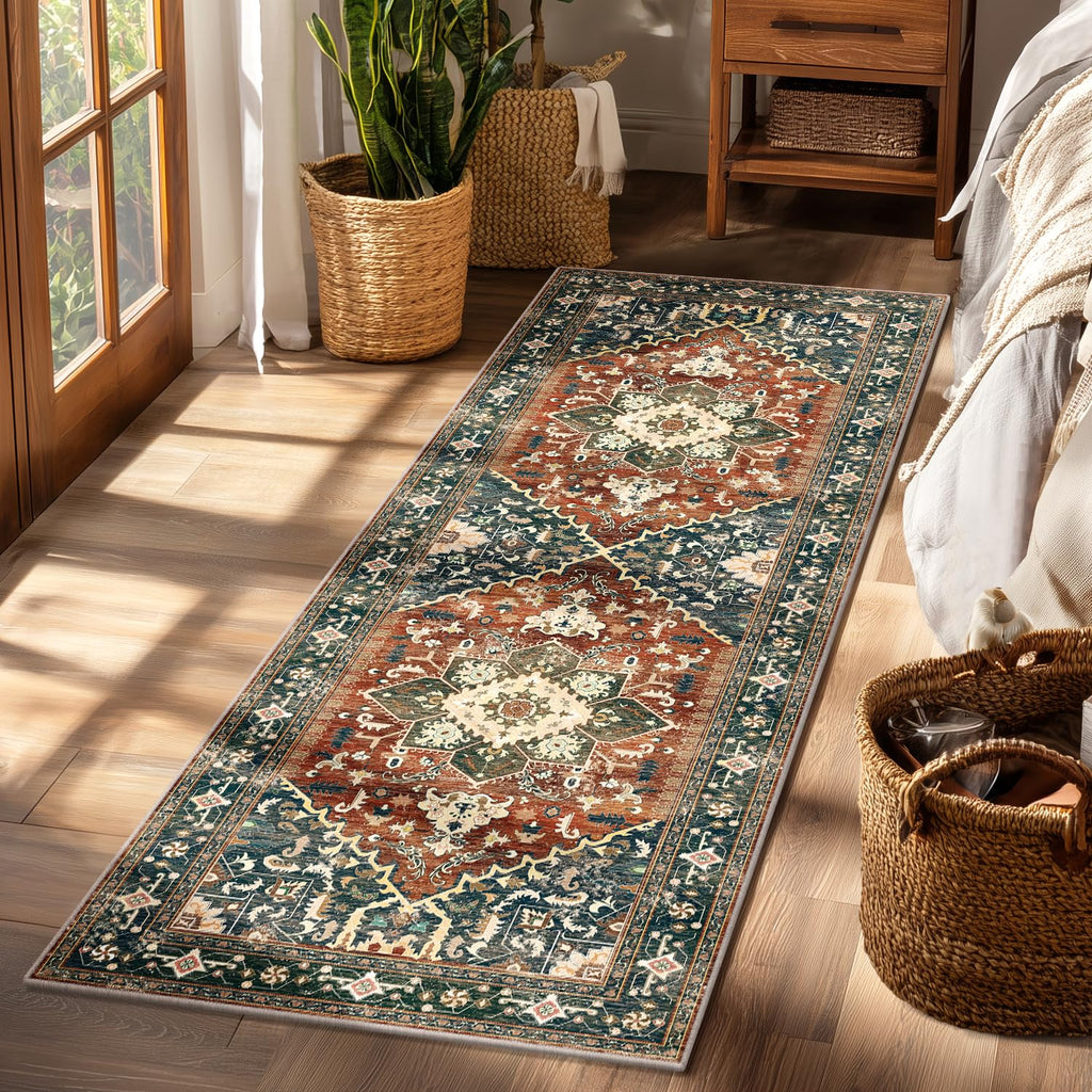 Yamaziot Washable Runner Rug, 2x8 Non-Slip Boho Vintage Hallway Rug Runner with Rubber Backing, Stain Resistant & Low Pile Faux Wool Distressed Carpet Runner for Bedroom, Kitchen, Laundry, Entrance