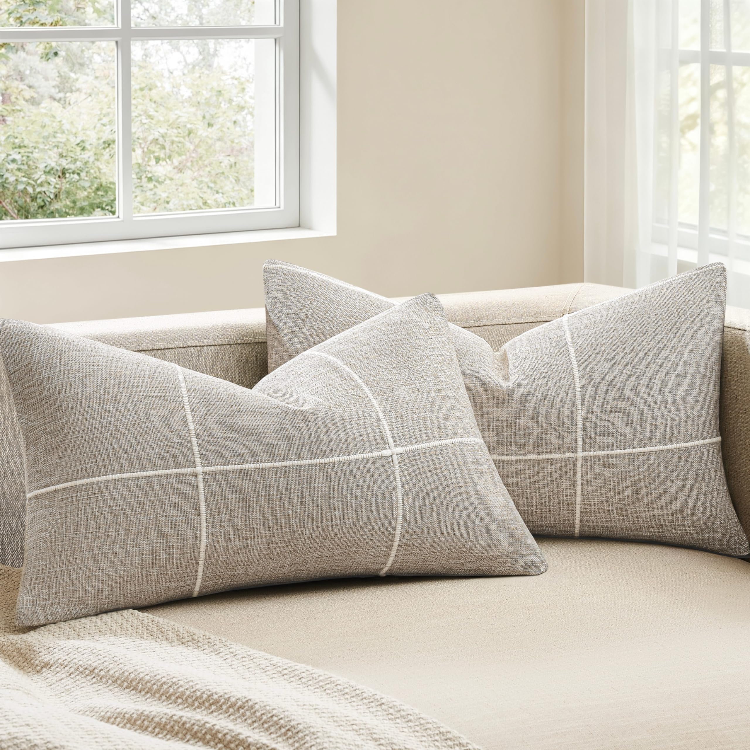 2 Packs Grid Embroidery Throw Pillow Covers, 18x18 Inch Light Grey, Farmhouse Linen Decorative Grey Cushion Covers for Sofa Bed Living Room Home Decor