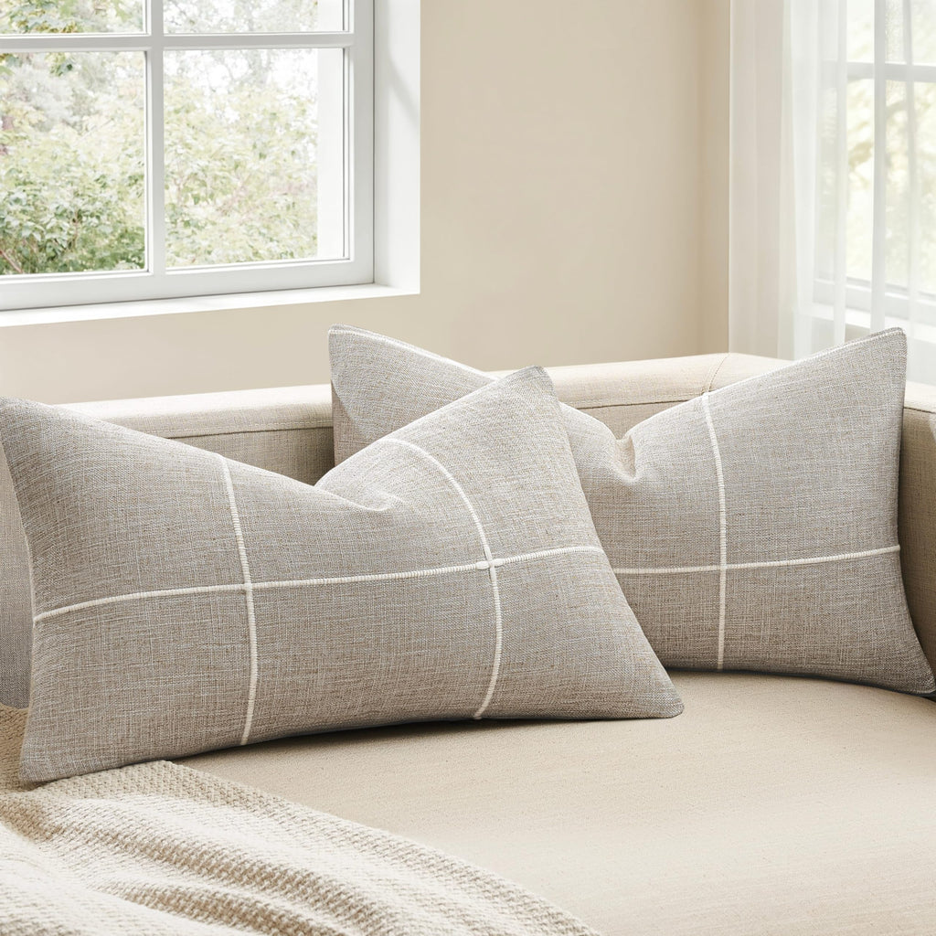 2 Packs Grid Embroidery Throw Pillow Covers, 18x18 Inch Light Sage Green, Farmhouse Linen Decorative Light Green Cushion Covers for Sofa Bed Living Room Home Decor
