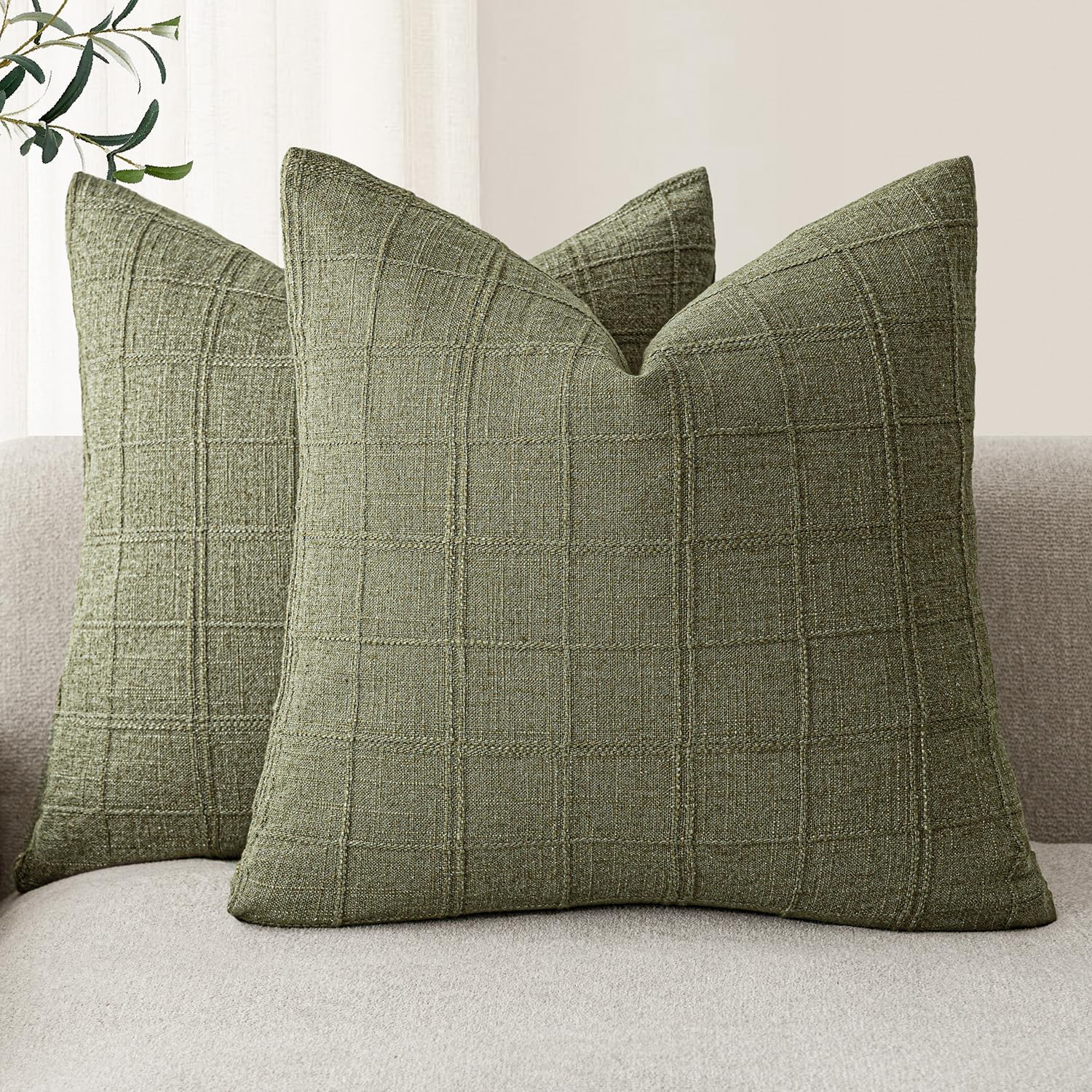Foindtower Set of 2 Decorative Linen Check Throw Pillow Covers Neutral Farmhouse Vintage Cushion Covers Modern Boho Home Decor for Sofa Chair Couch Bedroom Living Room,18×18 Inch,Natural Beige
