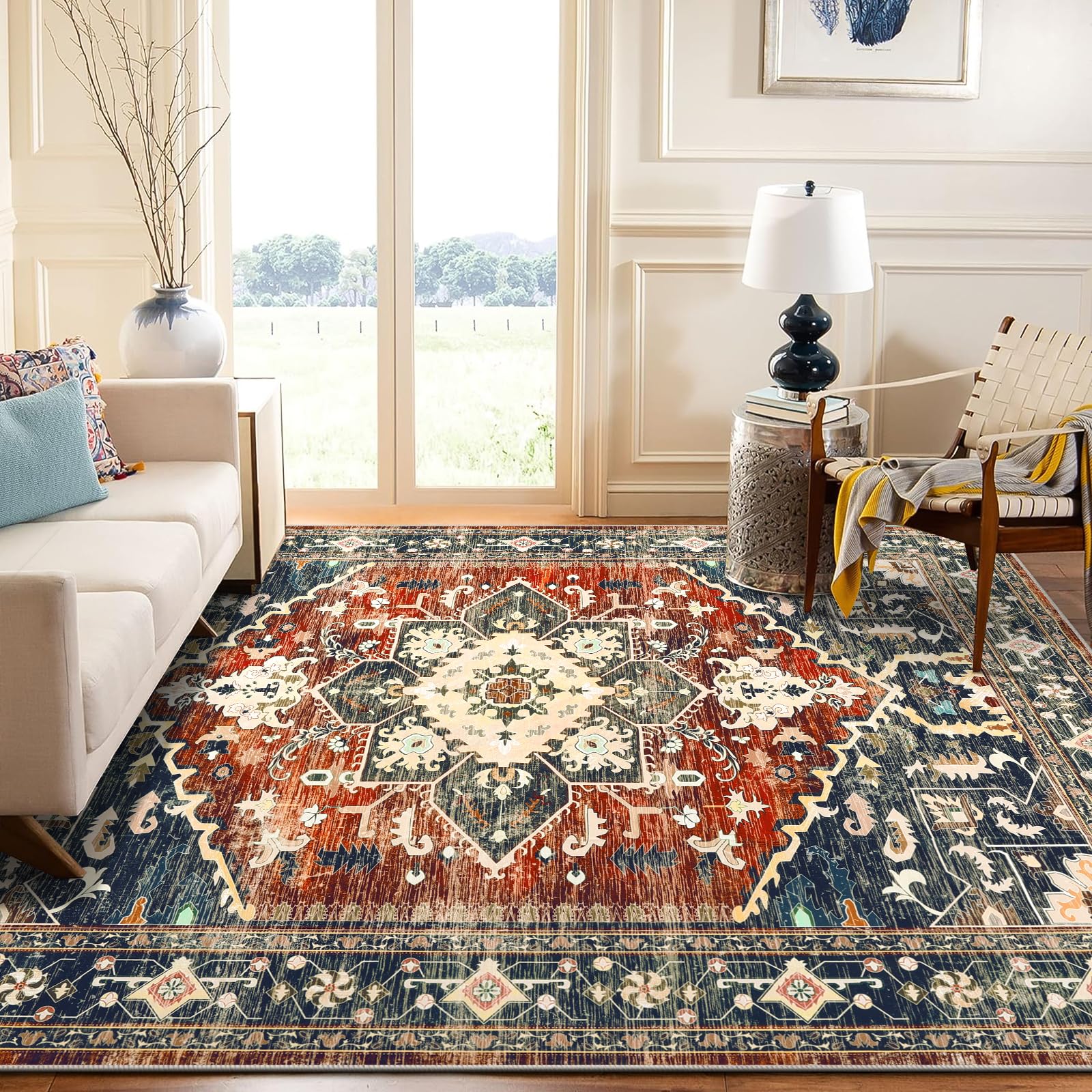 Yamaziot Washable Runner Rug, 2x8 Non-Slip Boho Vintage Hallway Rug Runner with Rubber Backing, Stain Resistant & Low Pile Faux Wool Distressed Carpet Runner for Bedroom, Kitchen, Laundry, Entrance