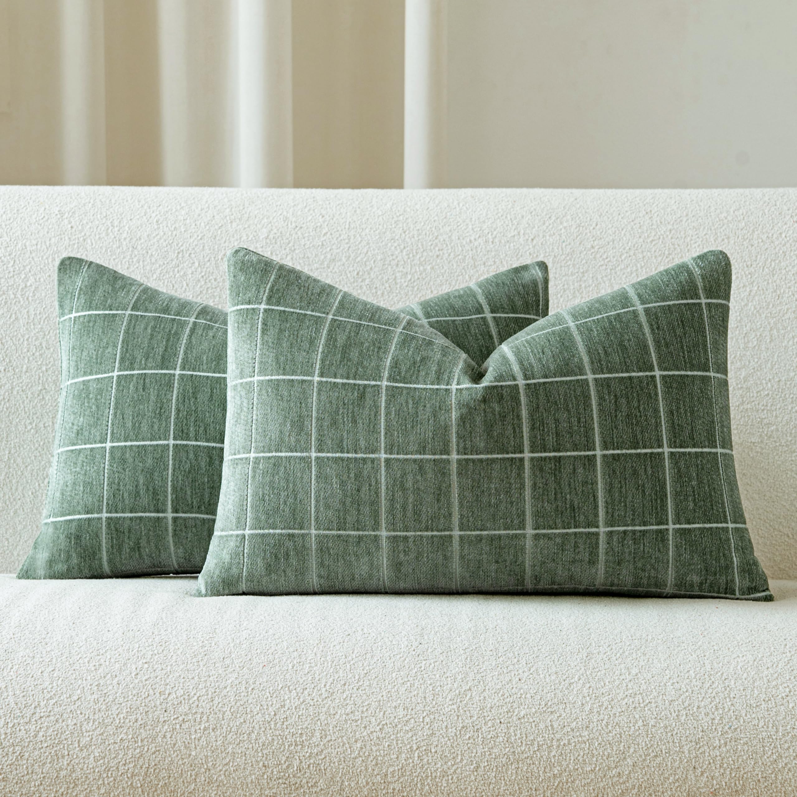 Decorative Chenille Plaid Throw Pillow Covers 18x18 Inch Set of 2 Vintage Check Couch Pillows Neutral Boho Farmhouse Cushion Covers Modern Home Decor for Sofa Bed Living Room Taupe Grey