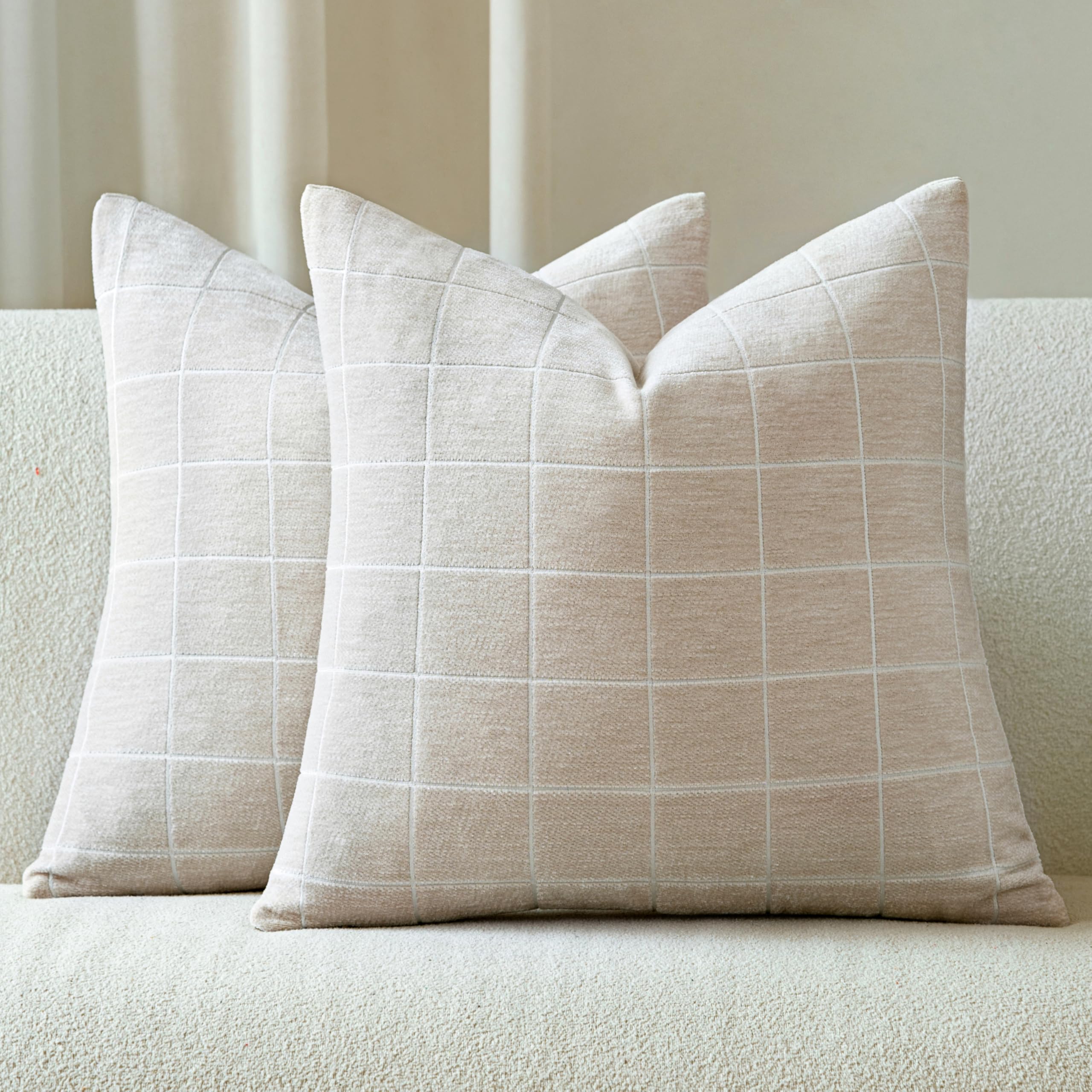 Decorative Chenille Plaid Throw Pillow Covers 18x18 Inch Set of 2 Vintage Check Couch Pillows Neutral Boho Farmhouse Cushion Covers Modern Home Decor for Sofa Bed Living Room Taupe Grey