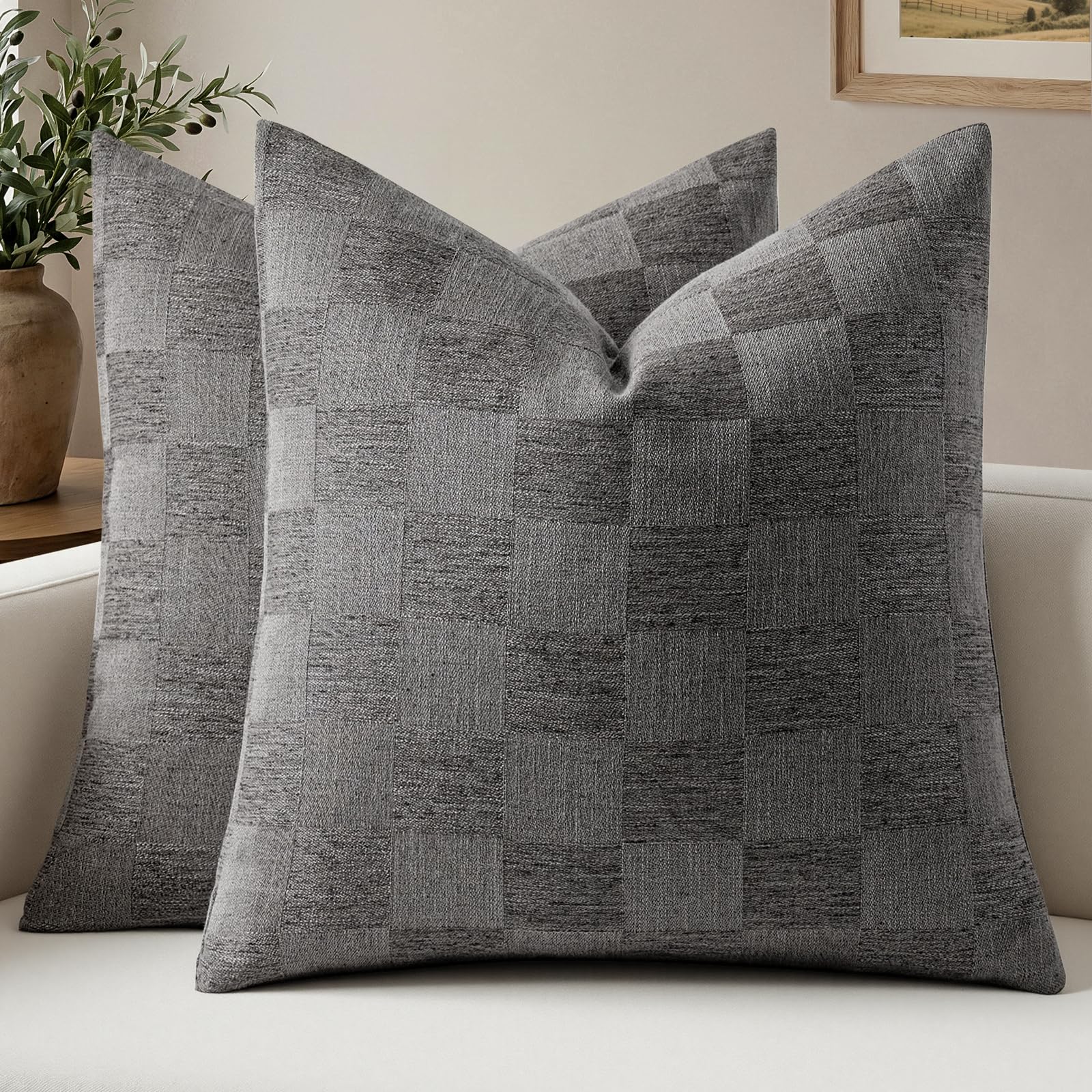 a moment Set of 2 Decorative Linen Throw Pillow Covers,Large Grid Textured Neutral Boho Farmhouse Cushion Covers,Soft Aesthetic Pillowcases for Couch Sofa Living Room Home Decor,20x20 Inch,Beige