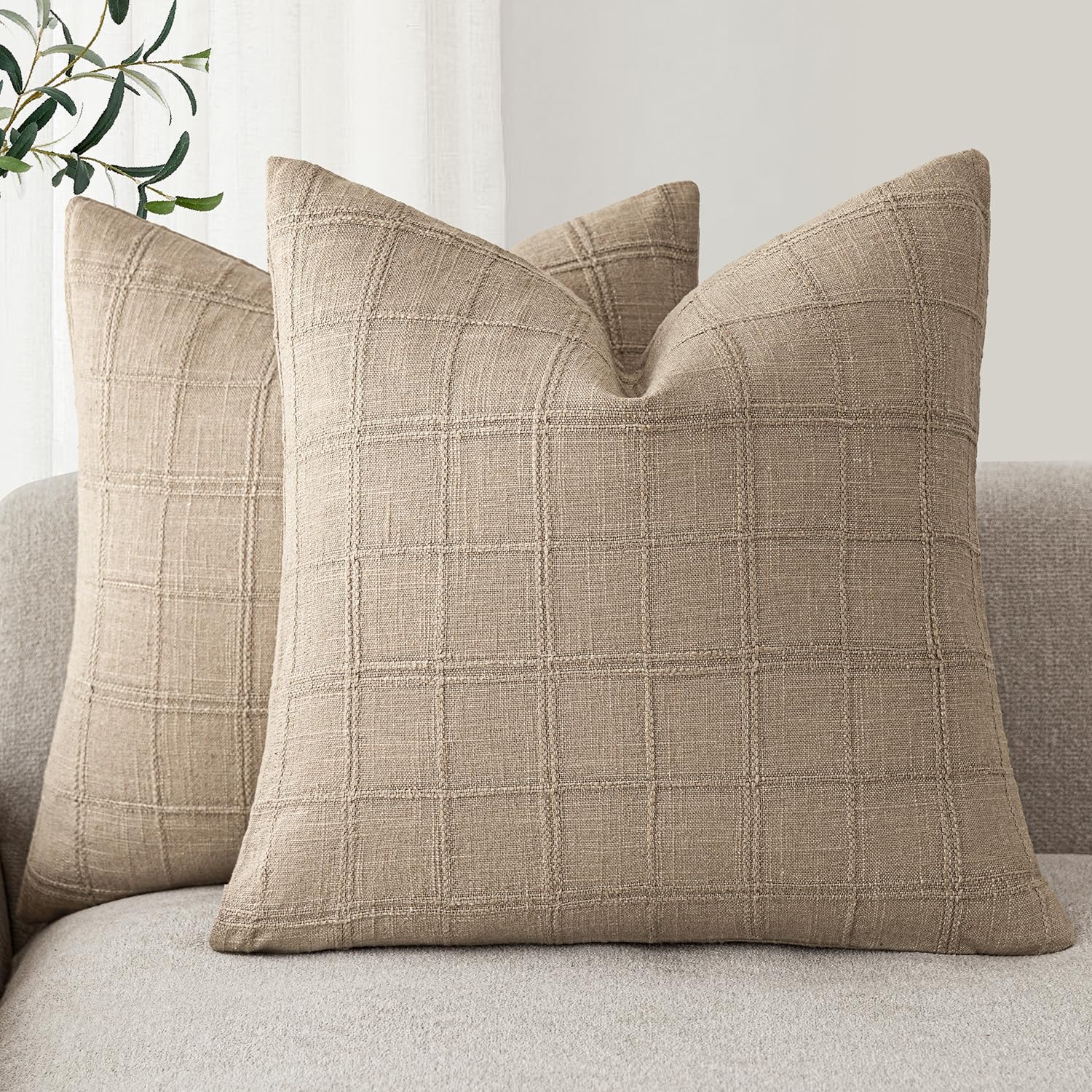 Foindtower Set of 2 Decorative Linen Check Throw Pillow Covers Neutral Farmhouse Vintage Cushion Covers Modern Boho Home Decor for Sofa Chair Couch Bedroom Living Room,18×18 Inch,Natural Beige