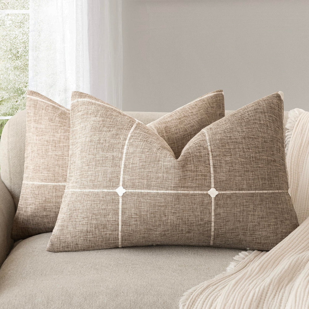 Foindtower Pack of 2 Decorative Faux Linen Jacquard Check Throw Pillow Covers Farmhouse Cushion Cover with Grid Textured Accent Pillowcase for Couch Sofa Living Room Home Decor,20×20 Inch,Olive Green
