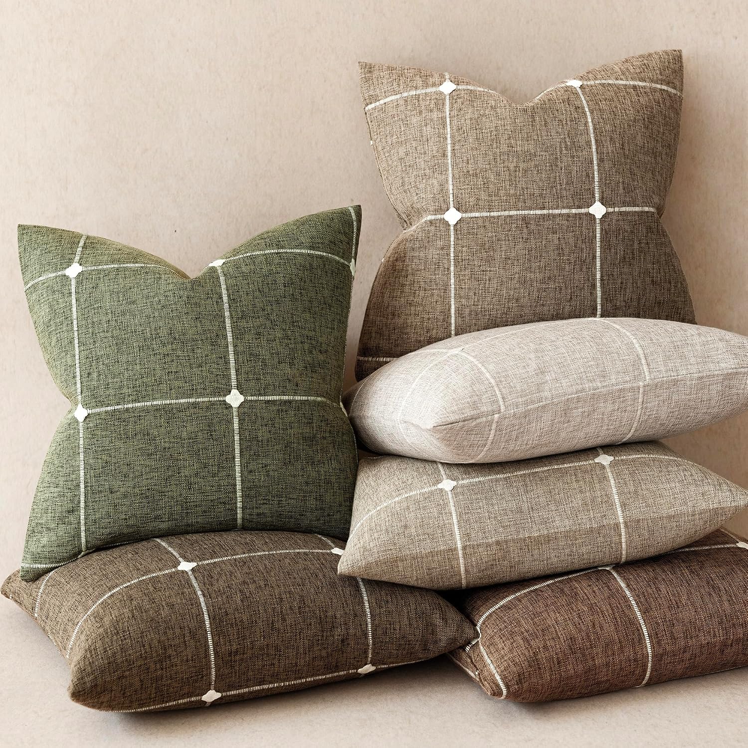 Foindtower Pack of 2 Decorative Faux Linen Jacquard Check Throw Pillow Covers Farmhouse Cushion Cover with Grid Textured Accent Pillowcase for Couch Sofa Living Room Home Decor,20×20 Inch,Olive Green