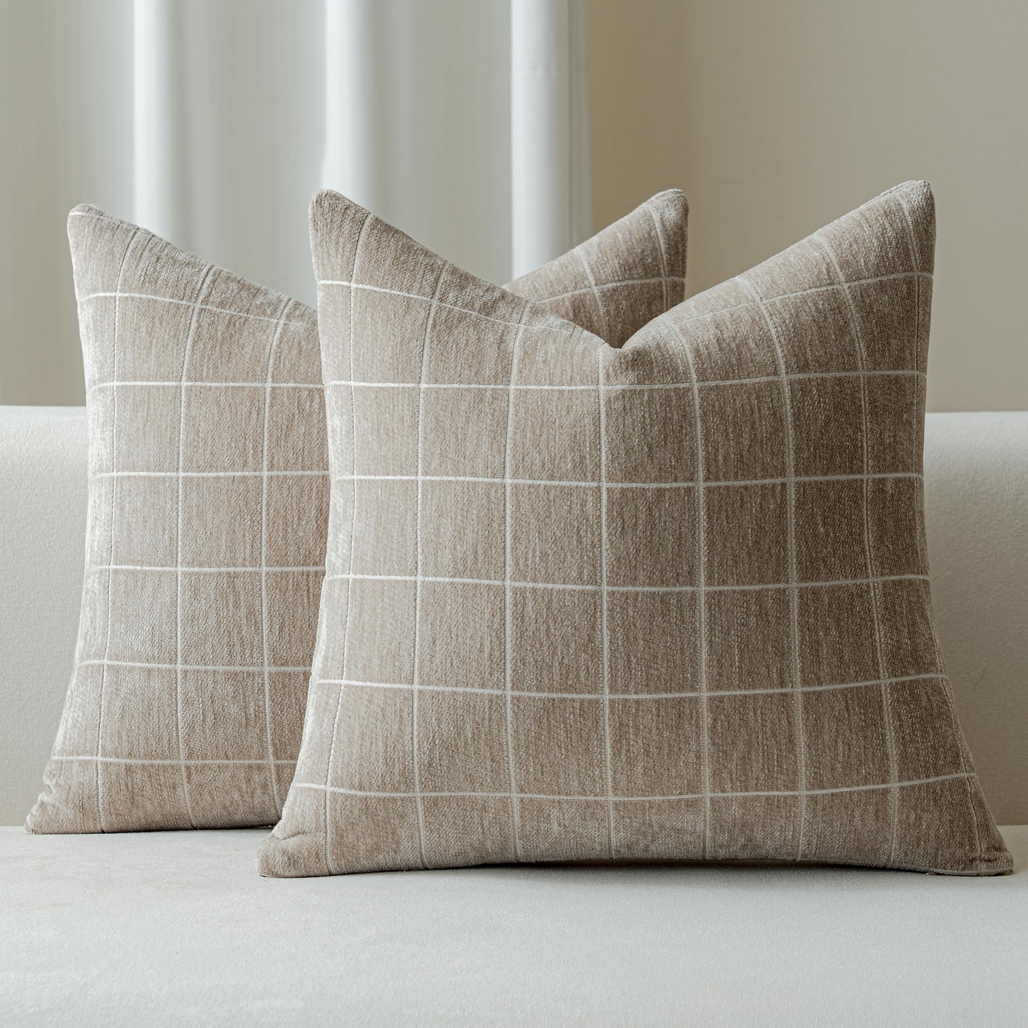 Decorative Chenille Plaid Throw Pillow Covers 18x18 Inch Set of 2 Vintage Check Couch Pillows Neutral Boho Farmhouse Cushion Covers Modern Home Decor for Sofa Bed Living Room Taupe Grey