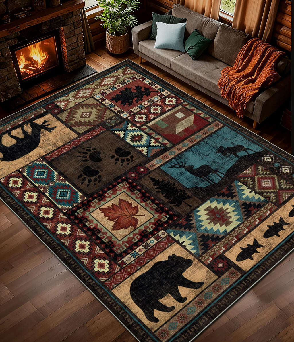 Hallway Runner Rug 2x6 Indoor Door Mat - Bear Rustic Cabin Non-Slip Entryway Rug, Low Pile Tribal Print for Kitchen, Bedroom