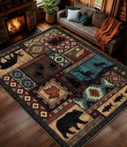 Hallway Runner Rug 2x6 Indoor Door Mat - Bear Rustic Cabin Non-Slip Entryway Rug, Low Pile Tribal Print for Kitchen, Bedroom