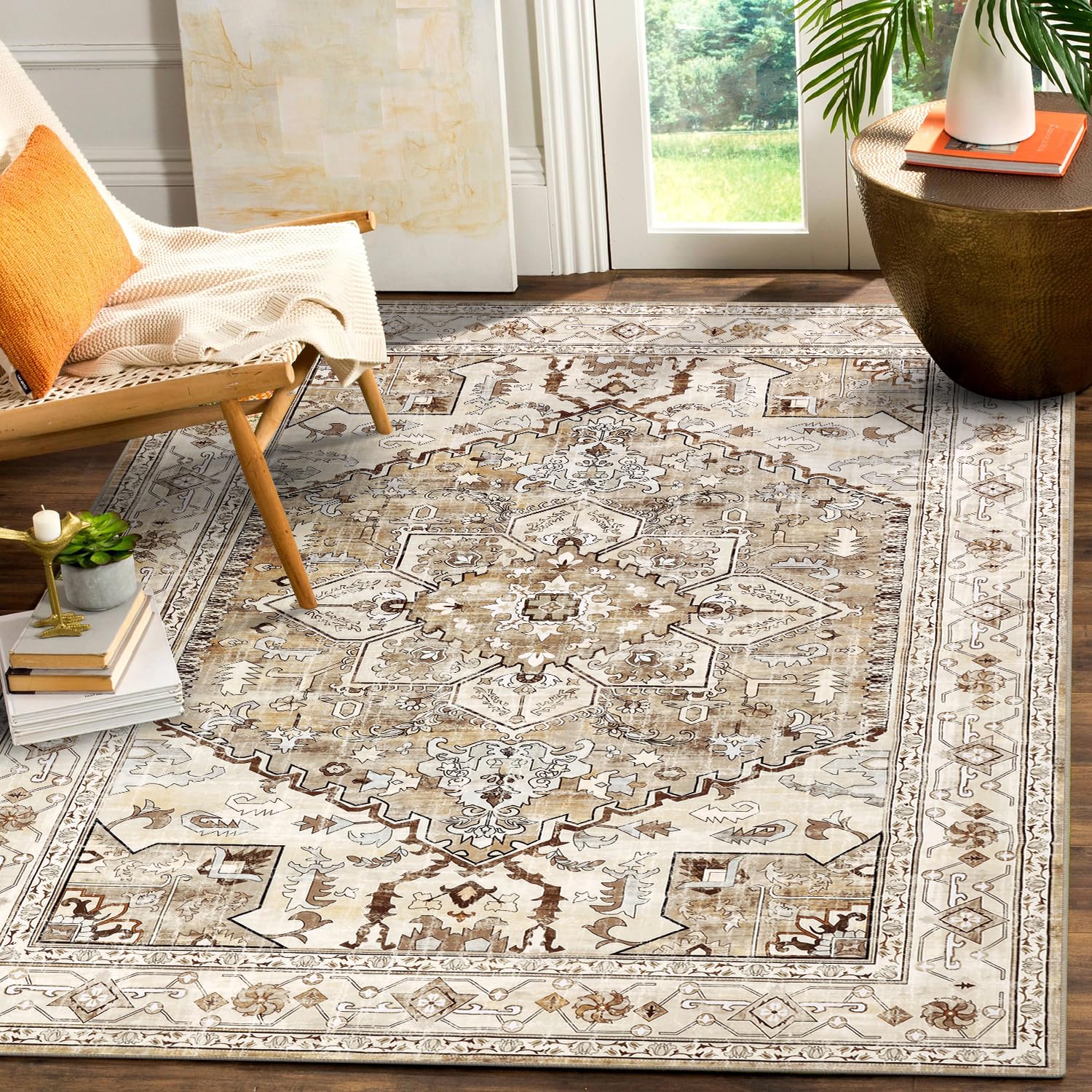 Yamaziot Washable Runner Rug, 2x8 Non-Slip Boho Vintage Hallway Rug Runner with Rubber Backing, Stain Resistant & Low Pile Faux Wool Distressed Carpet Runner for Bedroom, Kitchen, Laundry, Entrance