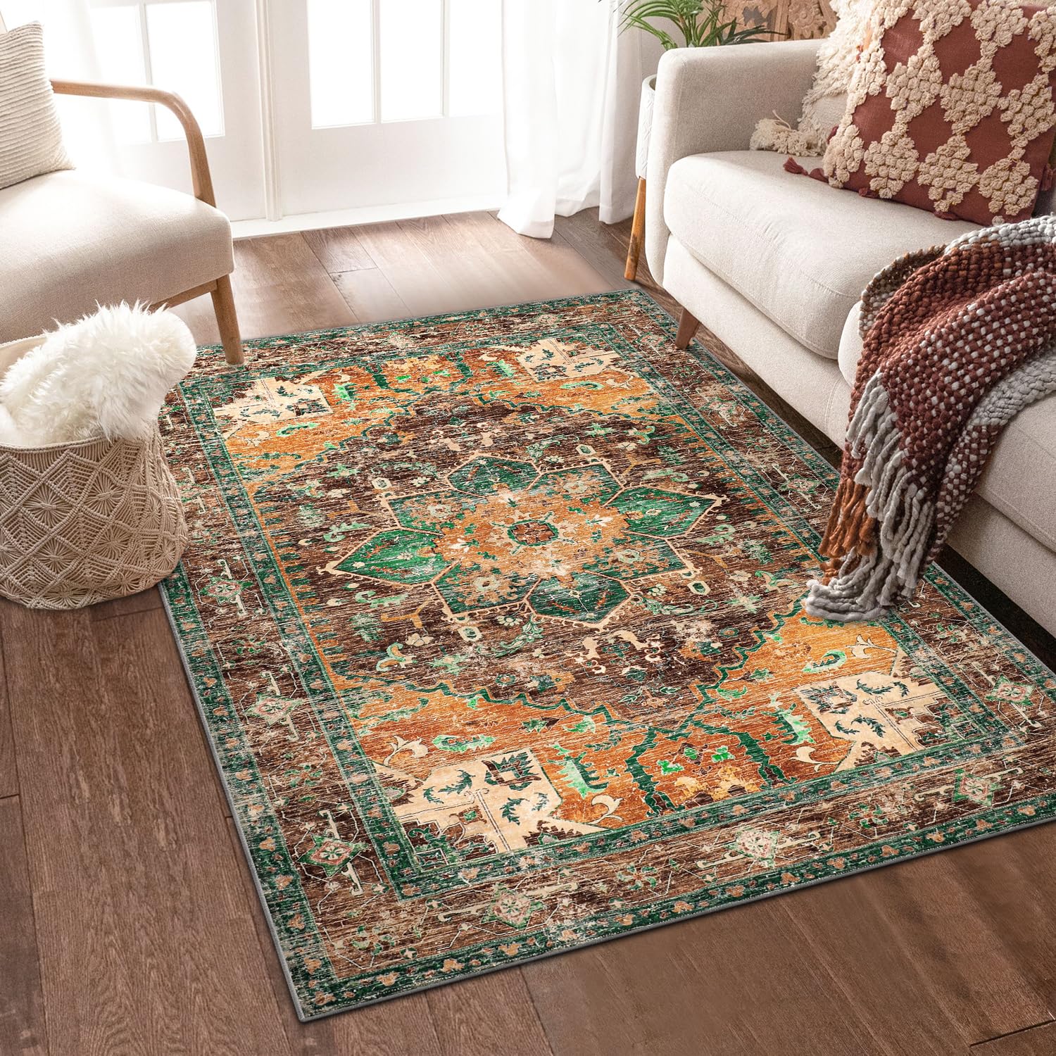 Yamaziot Washable Runner Rug, 2x8 Non-Slip Boho Vintage Hallway Rug Runner with Rubber Backing, Stain Resistant & Low Pile Faux Wool Distressed Carpet Runner for Bedroom, Kitchen, Laundry, Entrance
