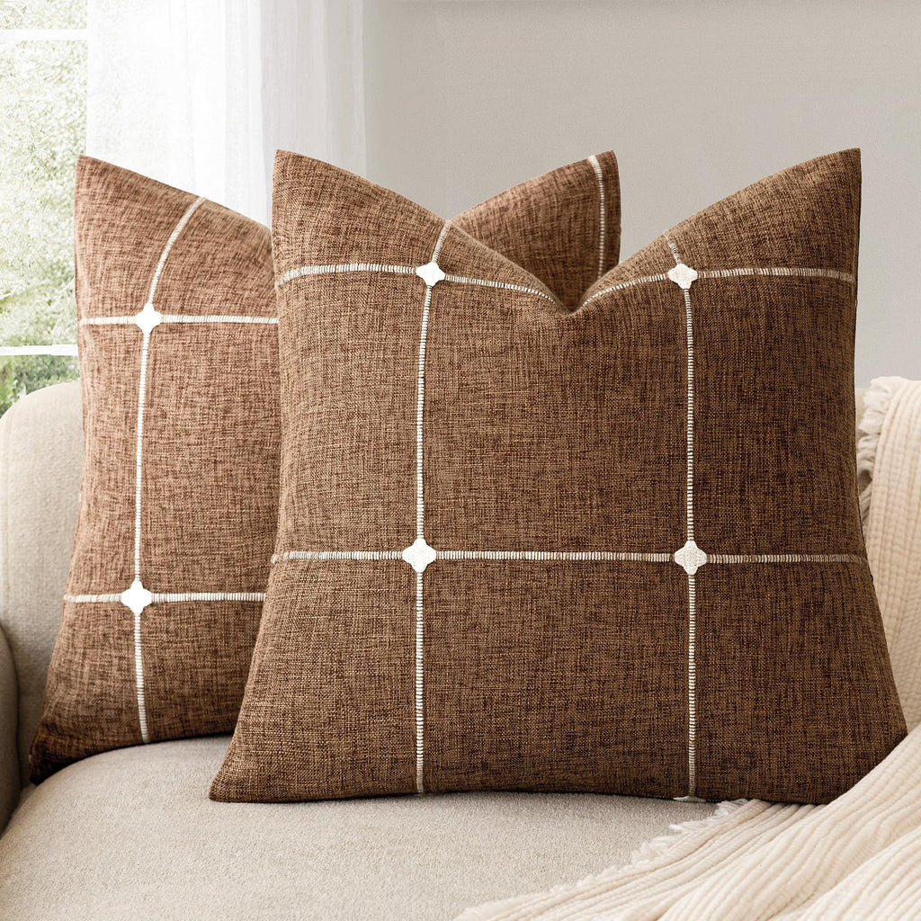 Foindtower Pack of 2 Decorative Faux Linen Jacquard Check Throw Pillow Covers Farmhouse Cushion Cover with Grid Textured Accent Pillowcase for Couch Sofa Living Room Home Decor,20×20 Inch,Olive Green