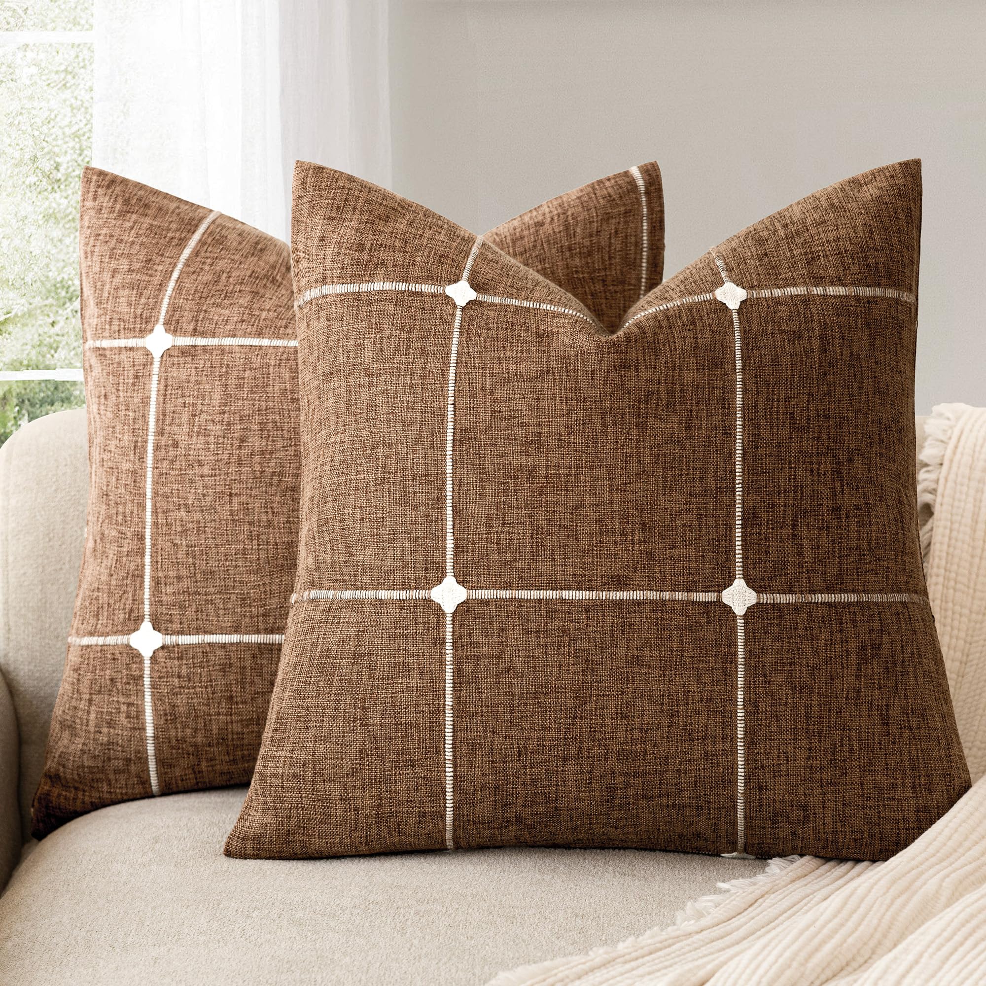 Foindtower Pack of 2 Decorative Faux Linen Jacquard Check Throw Pillow Covers Farmhouse Cushion Cover with Grid Textured Accent Pillowcase for Couch Sofa Living Room Home Decor,20×20 Inch,Olive Green