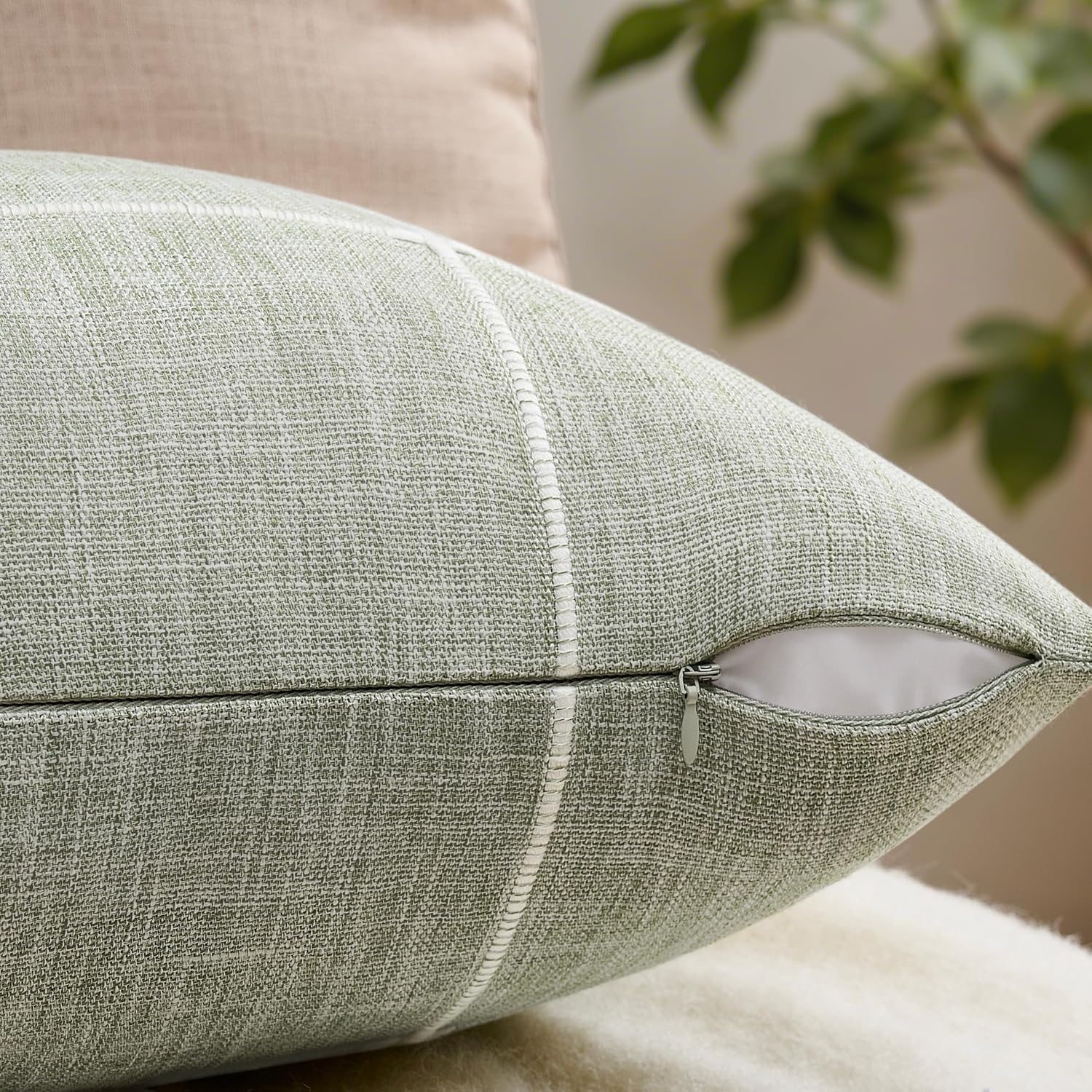 2 Packs Grid Embroidery Throw Pillow Covers, 18x18 Inch Light Sage Green, Farmhouse Linen Decorative Light Green Cushion Covers for Sofa Bed Living Room Home Decor
