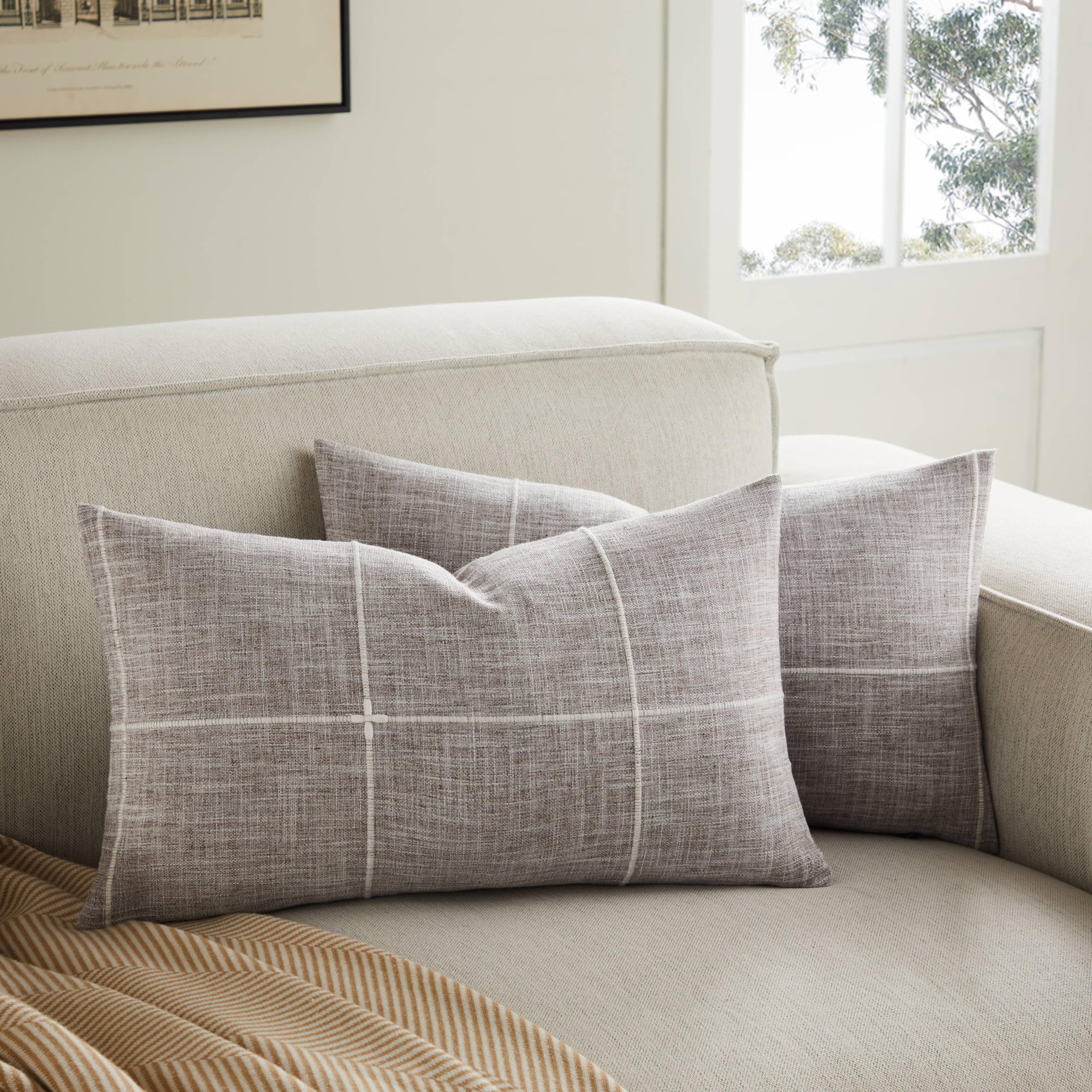 2 Packs Grid Embroidery Throw Pillow Covers, 18x18 Inch Light Grey, Farmhouse Linen Decorative Grey Cushion Covers for Sofa Bed Living Room Home Decor