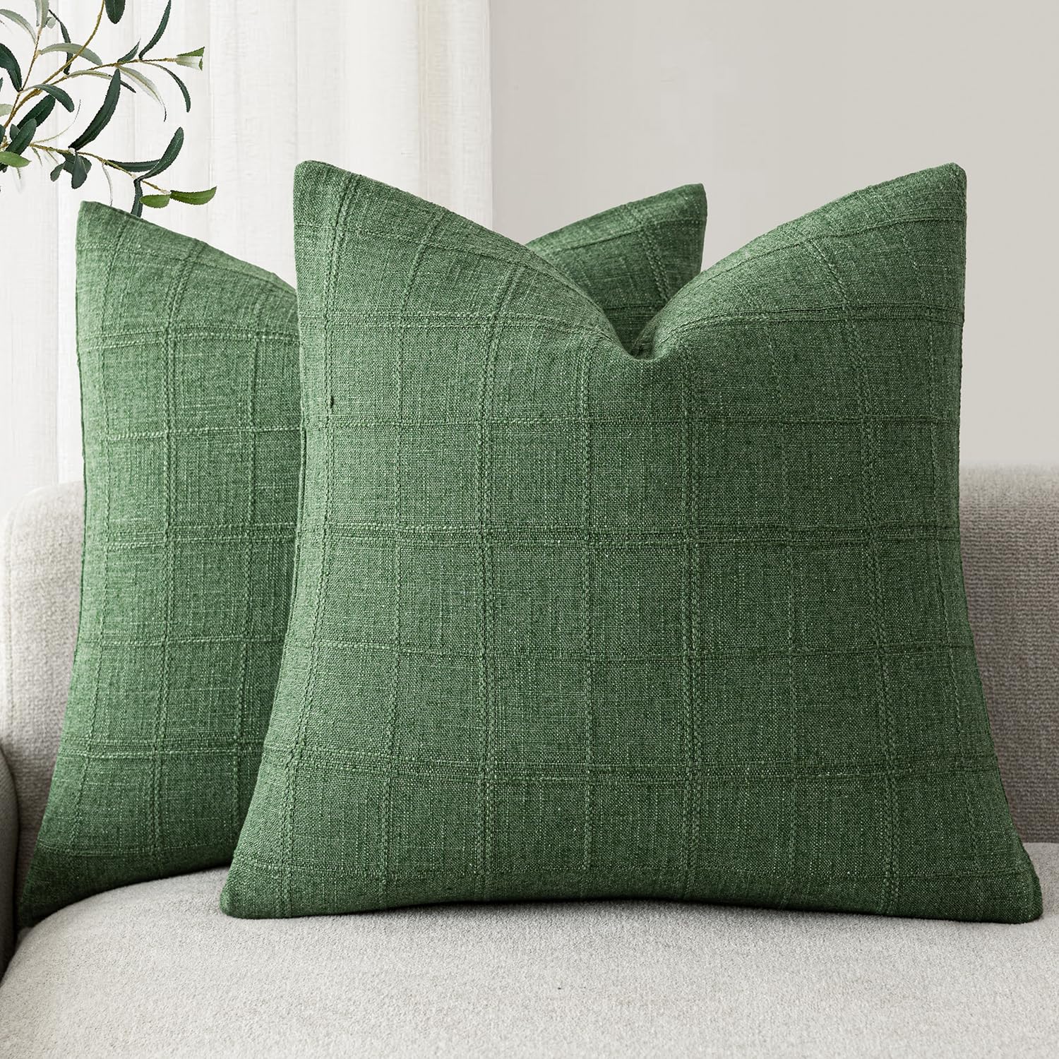 Foindtower Set of 2 Decorative Linen Check Throw Pillow Covers Neutral Farmhouse Vintage Cushion Covers Modern Boho Home Decor for Sofa Chair Couch Bedroom Living Room,18×18 Inch,Natural Beige