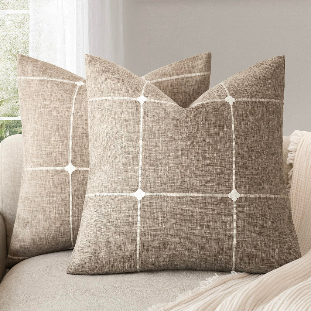 Foindtower Pack of 2 Decorative Faux Linen Jacquard Check Throw Pillow Covers Farmhouse Cushion Cover with Grid Textured Accent Pillowcase for Couch Sofa Living Room Home Decor,20×20 Inch,Olive Green