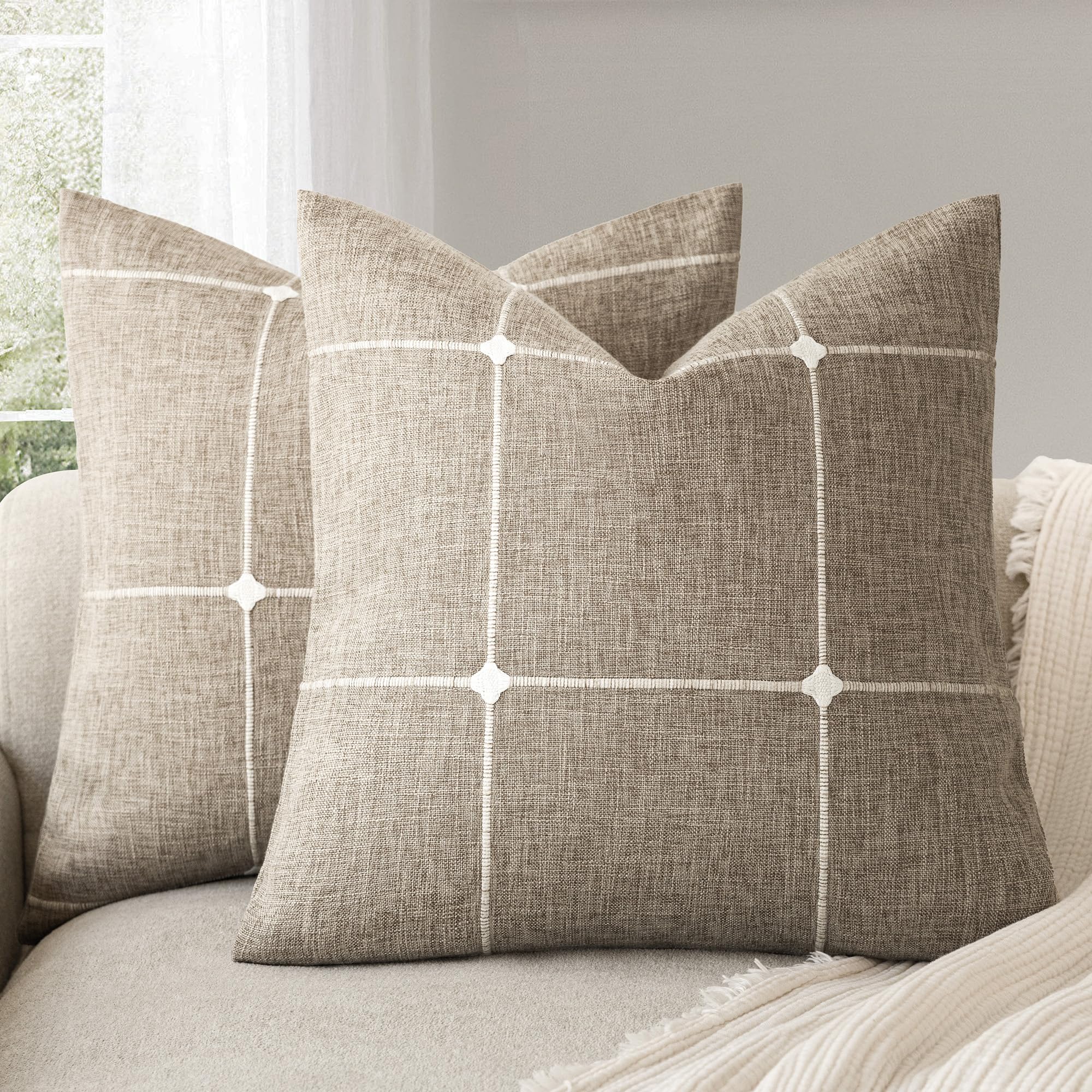 Foindtower Pack of 2 Decorative Faux Linen Jacquard Check Throw Pillow Covers Farmhouse Cushion Cover with Grid Textured Accent Pillowcase for Couch Sofa Living Room Home Decor,20×20 Inch,Olive Green