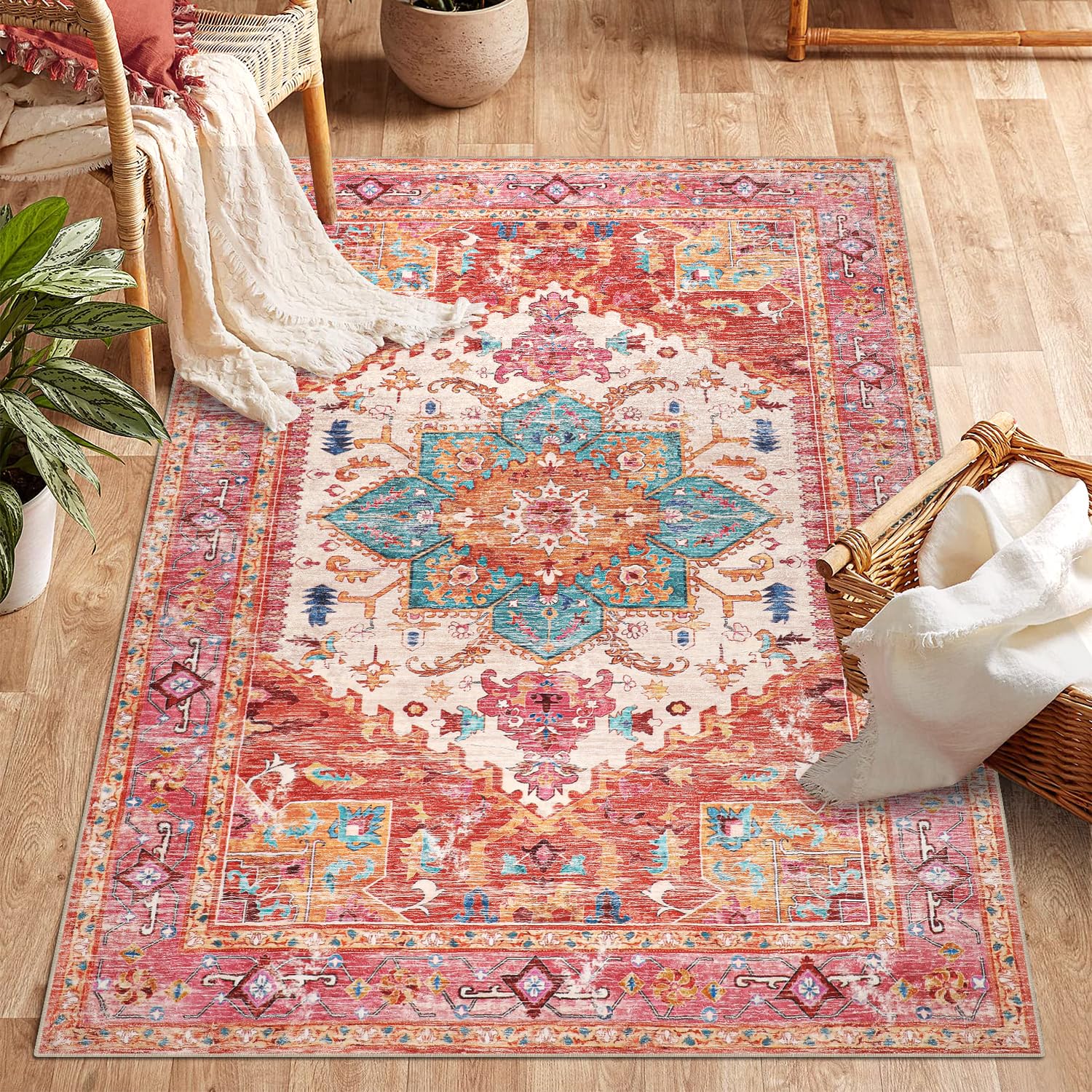 Yamaziot Washable Runner Rug, 2x8 Non-Slip Boho Vintage Hallway Rug Runner with Rubber Backing, Stain Resistant & Low Pile Faux Wool Distressed Carpet Runner for Bedroom, Kitchen, Laundry, Entrance