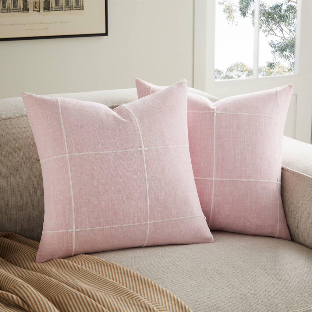 2 Packs Grid Embroidery Throw Pillow Covers, 18x18 Inch Light Grey, Farmhouse Linen Decorative Grey Cushion Covers for Sofa Bed Living Room Home Decor