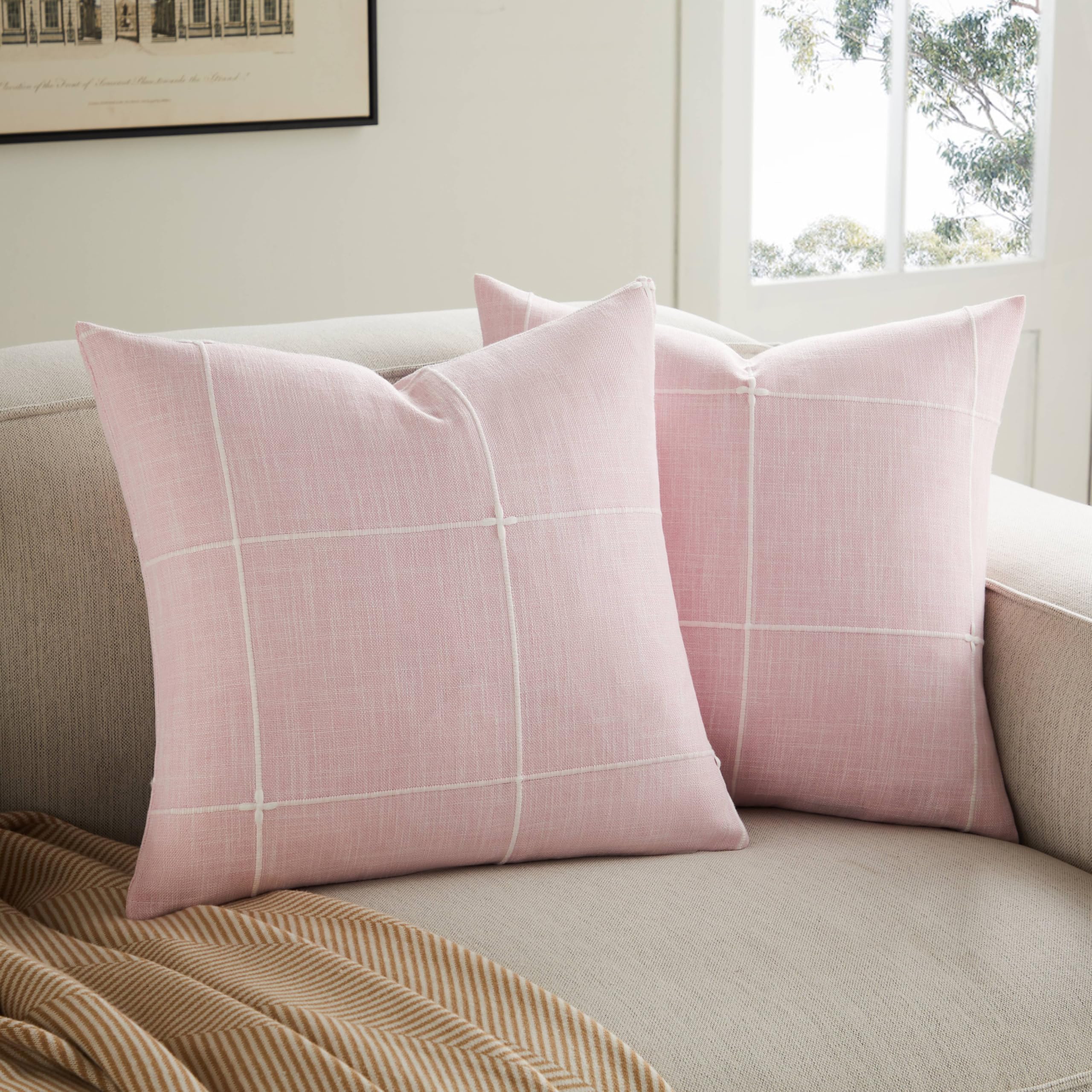 2 Packs Grid Embroidery Throw Pillow Covers, 18x18 Inch Light Grey, Farmhouse Linen Decorative Grey Cushion Covers for Sofa Bed Living Room Home Decor