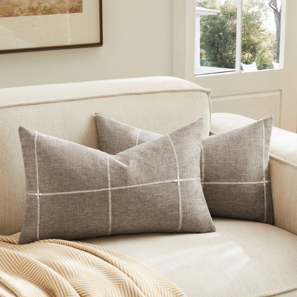 2 Packs Grid Embroidery Throw Pillow Covers, 18x18 Inch Light Grey, Farmhouse Linen Decorative Grey Cushion Covers for Sofa Bed Living Room Home Decor