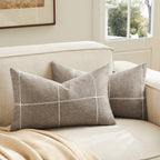 2 Packs Grid Embroidery Throw Pillow Covers, 18x18 Inch Light Grey, Farmhouse Linen Decorative Grey Cushion Covers for Sofa Bed Living Room Home Decor