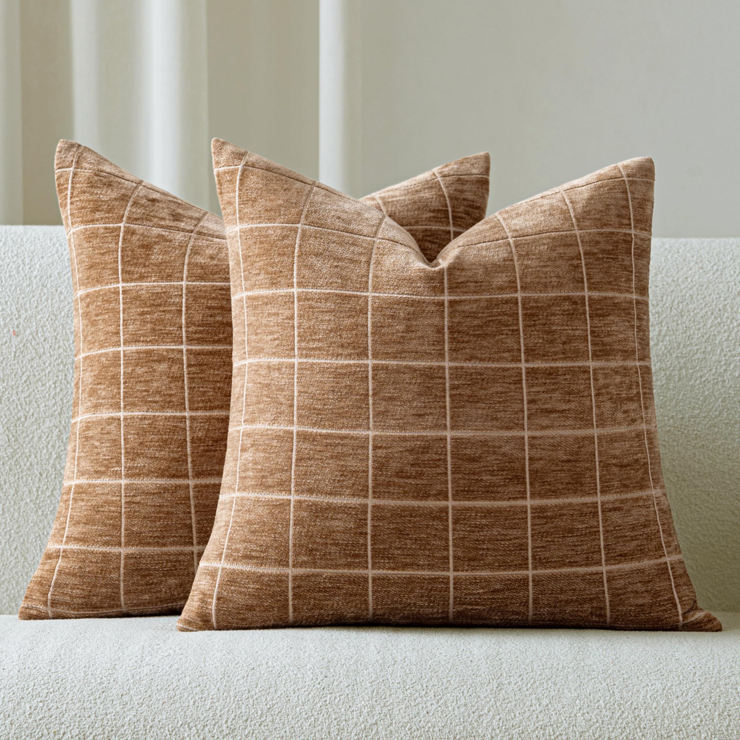 Decorative Chenille Plaid Throw Pillow Covers 18x18 Inch Set of 2 Vintage Check Couch Pillows Neutral Boho Farmhouse Cushion Covers Modern Home Decor for Sofa Bed Living Room Taupe Grey