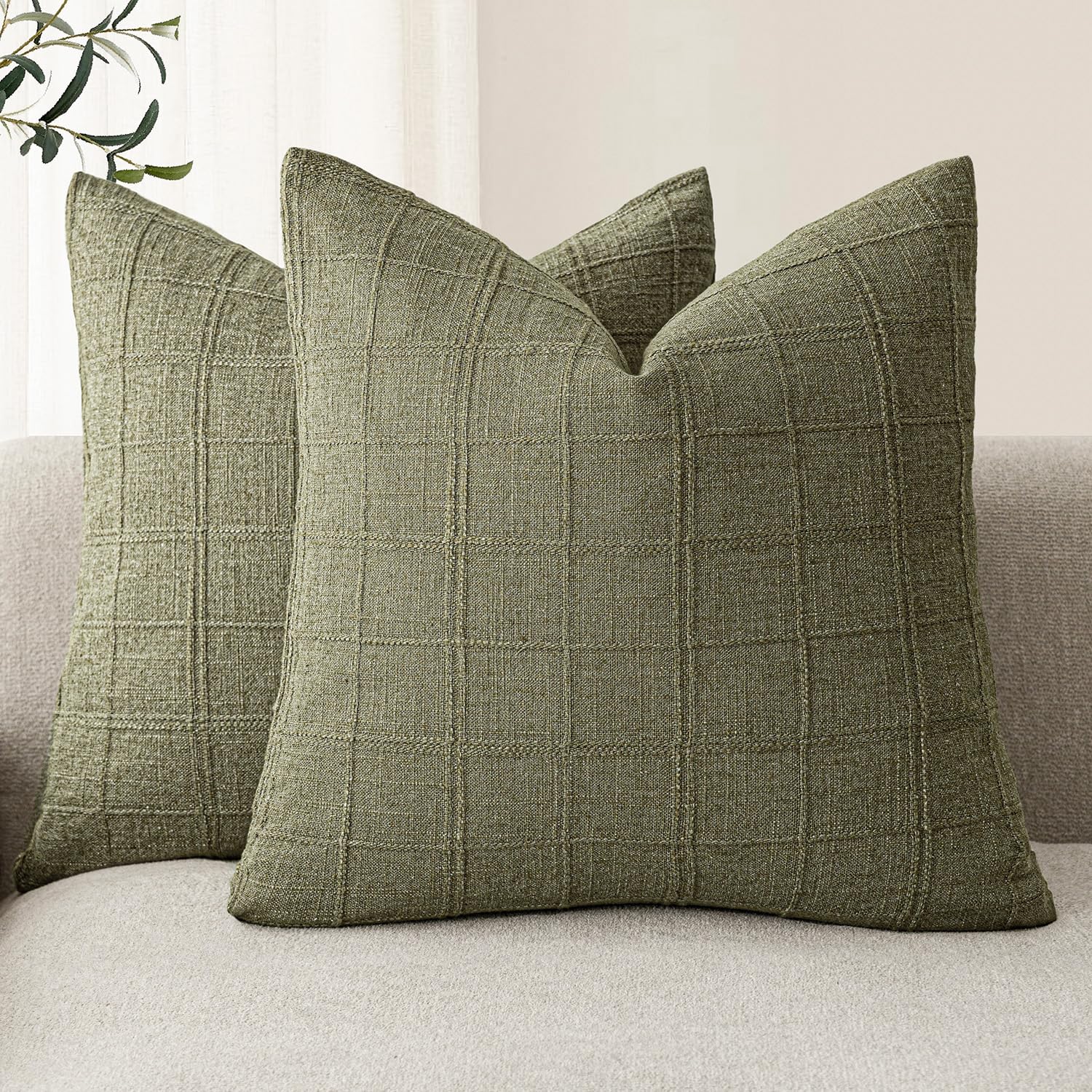 Foindtower Set of 2 Decorative Linen Check Throw Pillow Covers Neutral Farmhouse Vintage Cushion Covers Modern Boho Home Decor for Sofa Chair Couch Bedroom Living Room,18×18 Inch,Natural Beige