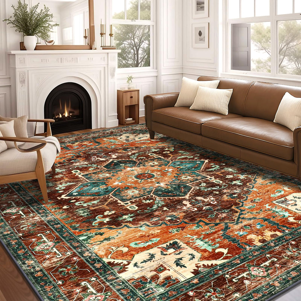Yamaziot Washable Runner Rug, 2x8 Non-Slip Boho Vintage Hallway Rug Runner with Rubber Backing, Stain Resistant & Low Pile Faux Wool Distressed Carpet Runner for Bedroom, Kitchen, Laundry, Entrance