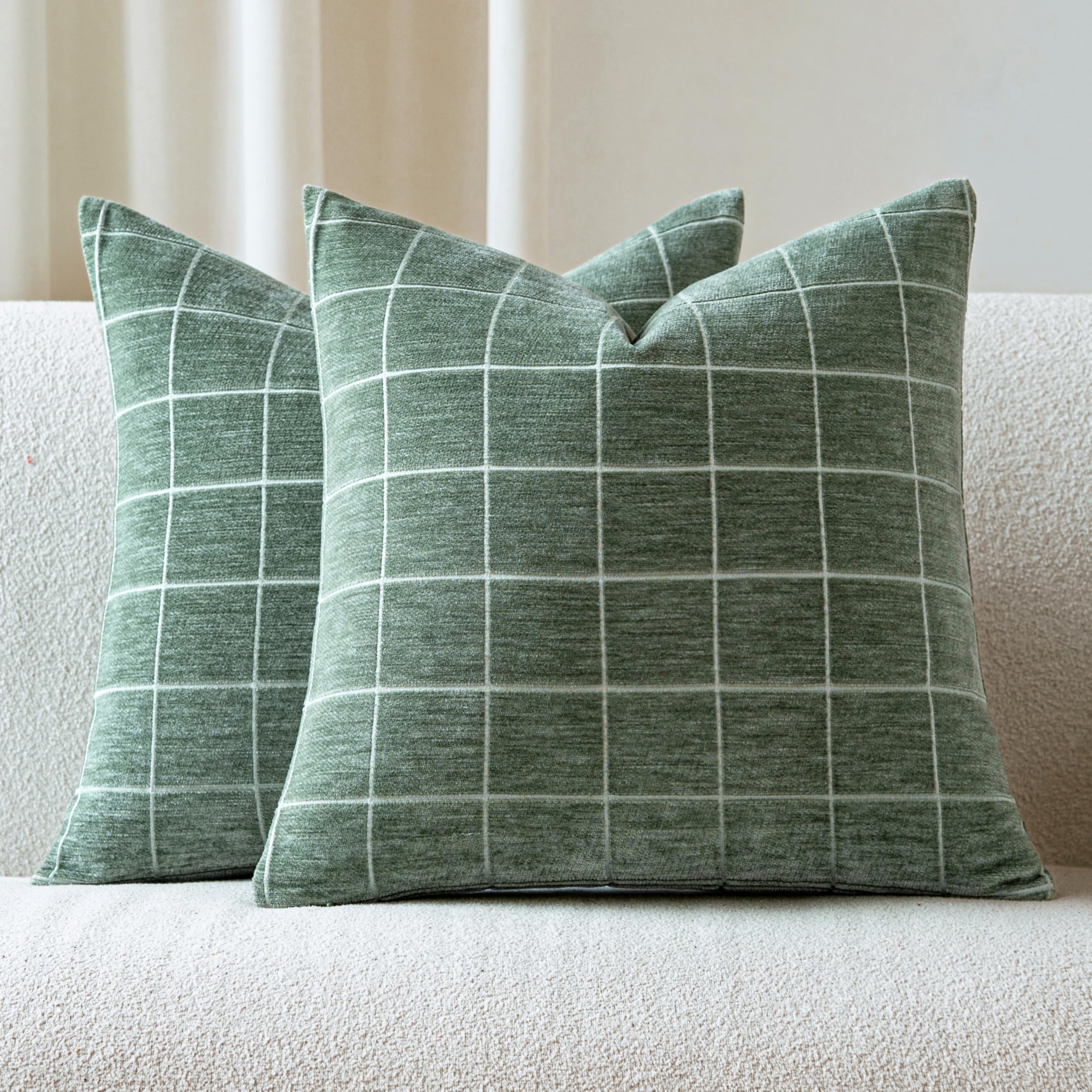 Decorative Chenille Plaid Throw Pillow Covers 18x18 Inch Set of 2 Vintage Check Couch Pillows Neutral Boho Farmhouse Cushion Covers Modern Home Decor for Sofa Bed Living Room Taupe Grey
