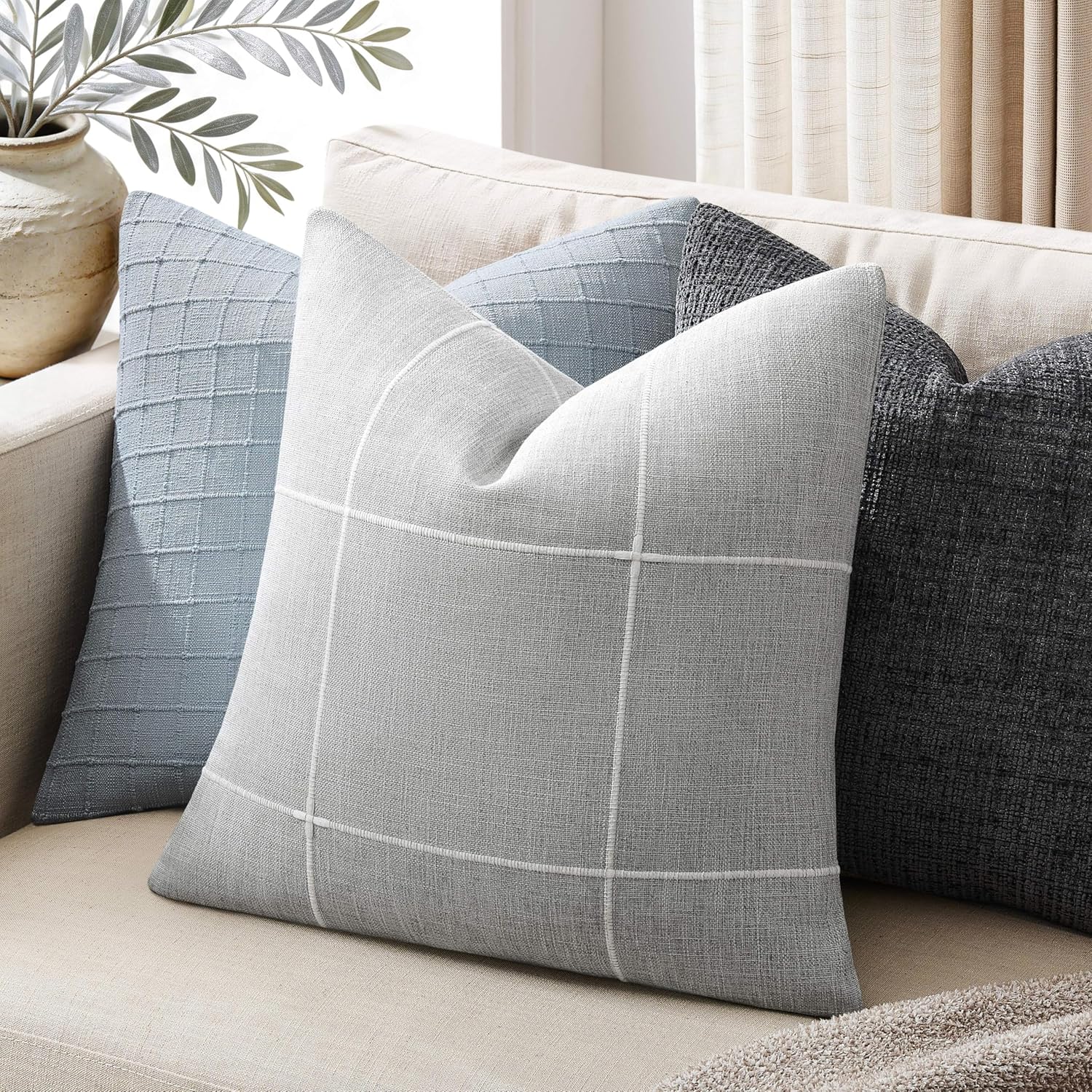 2 Packs Grid Embroidery Throw Pillow Covers, 18x18 Inch Light Grey, Farmhouse Linen Decorative Grey Cushion Covers for Sofa Bed Living Room Home Decor