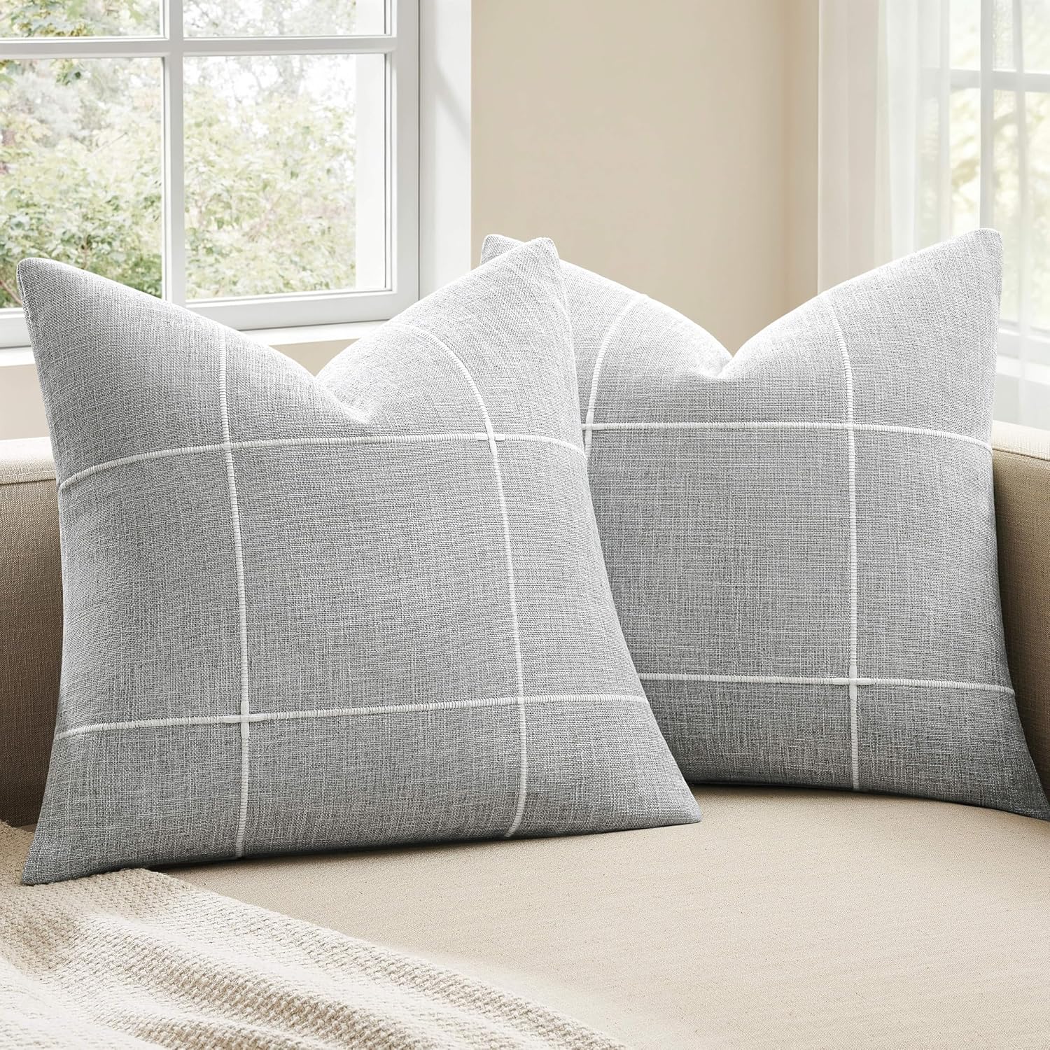 2 Packs Grid Embroidery Throw Pillow Covers, 18x18 Inch Light Grey, Farmhouse Linen Decorative Grey Cushion Covers for Sofa Bed Living Room Home Decor