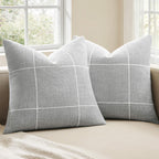 2 Packs Grid Embroidery Throw Pillow Covers, 18x18 Inch Light Grey, Farmhouse Linen Decorative Grey Cushion Covers for Sofa Bed Living Room Home Decor