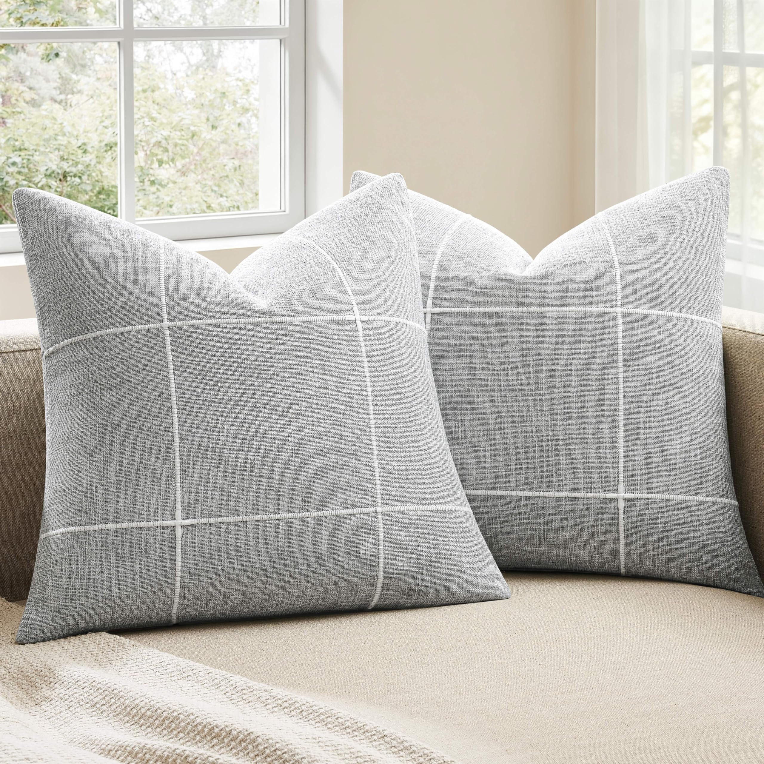 2 Packs Grid Embroidery Throw Pillow Covers, 18x18 Inch Light Grey, Farmhouse Linen Decorative Grey Cushion Covers for Sofa Bed Living Room Home Decor