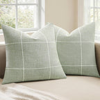 2 Packs Grid Embroidery Throw Pillow Covers, 18x18 Inch Light Sage Green, Farmhouse Linen Decorative Light Green Cushion Covers for Sofa Bed Living Room Home Decor