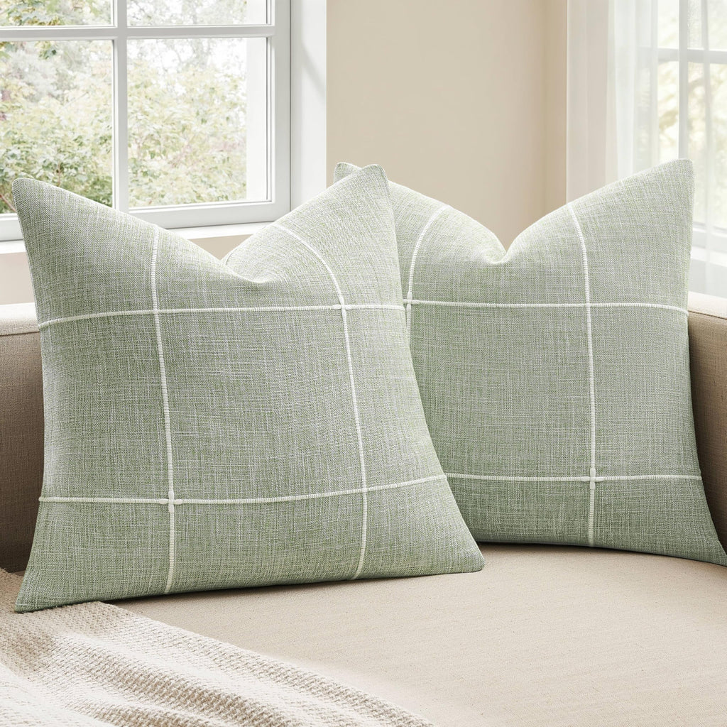2 Packs Grid Embroidery Throw Pillow Covers, 18x18 Inch Light Sage Green, Farmhouse Linen Decorative Light Green Cushion Covers for Sofa Bed Living Room Home Decor