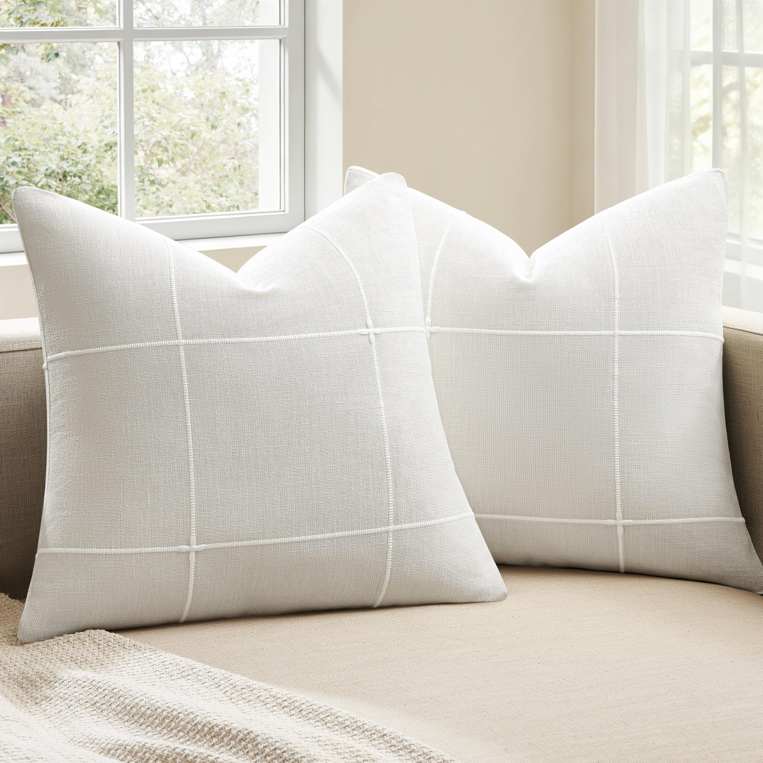 2 Packs Grid Embroidery Throw Pillow Covers, 18x18 Inch Light Sage Green, Farmhouse Linen Decorative Light Green Cushion Covers for Sofa Bed Living Room Home Decor