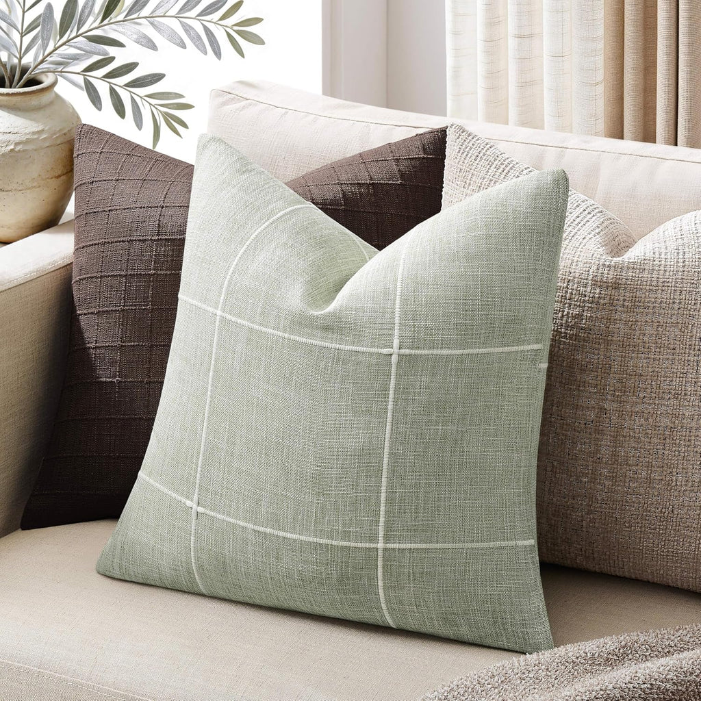2 Packs Grid Embroidery Throw Pillow Covers, 18x18 Inch Light Sage Green, Farmhouse Linen Decorative Light Green Cushion Covers for Sofa Bed Living Room Home Decor