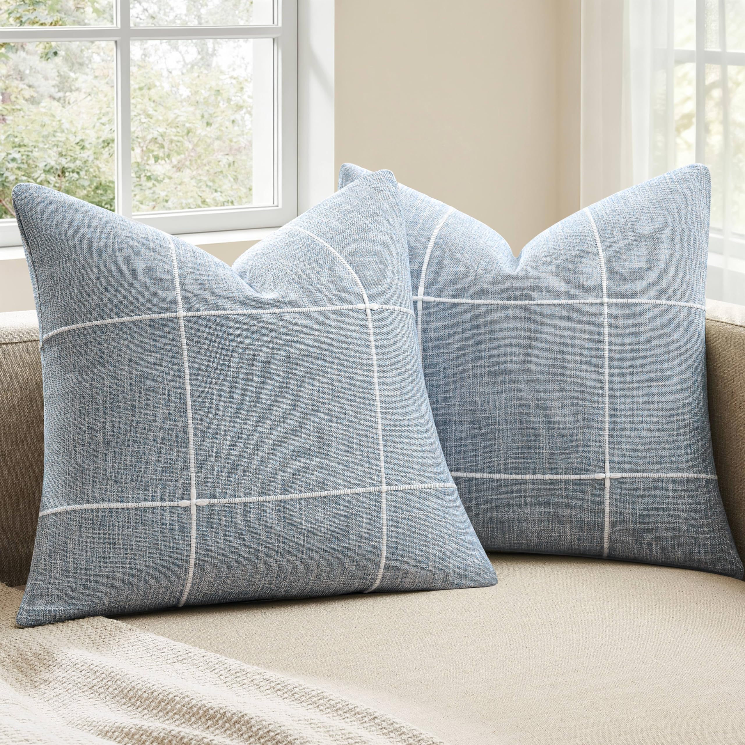2 Packs Grid Embroidery Throw Pillow Covers, 18x18 Inch Light Sage Green, Farmhouse Linen Decorative Light Green Cushion Covers for Sofa Bed Living Room Home Decor