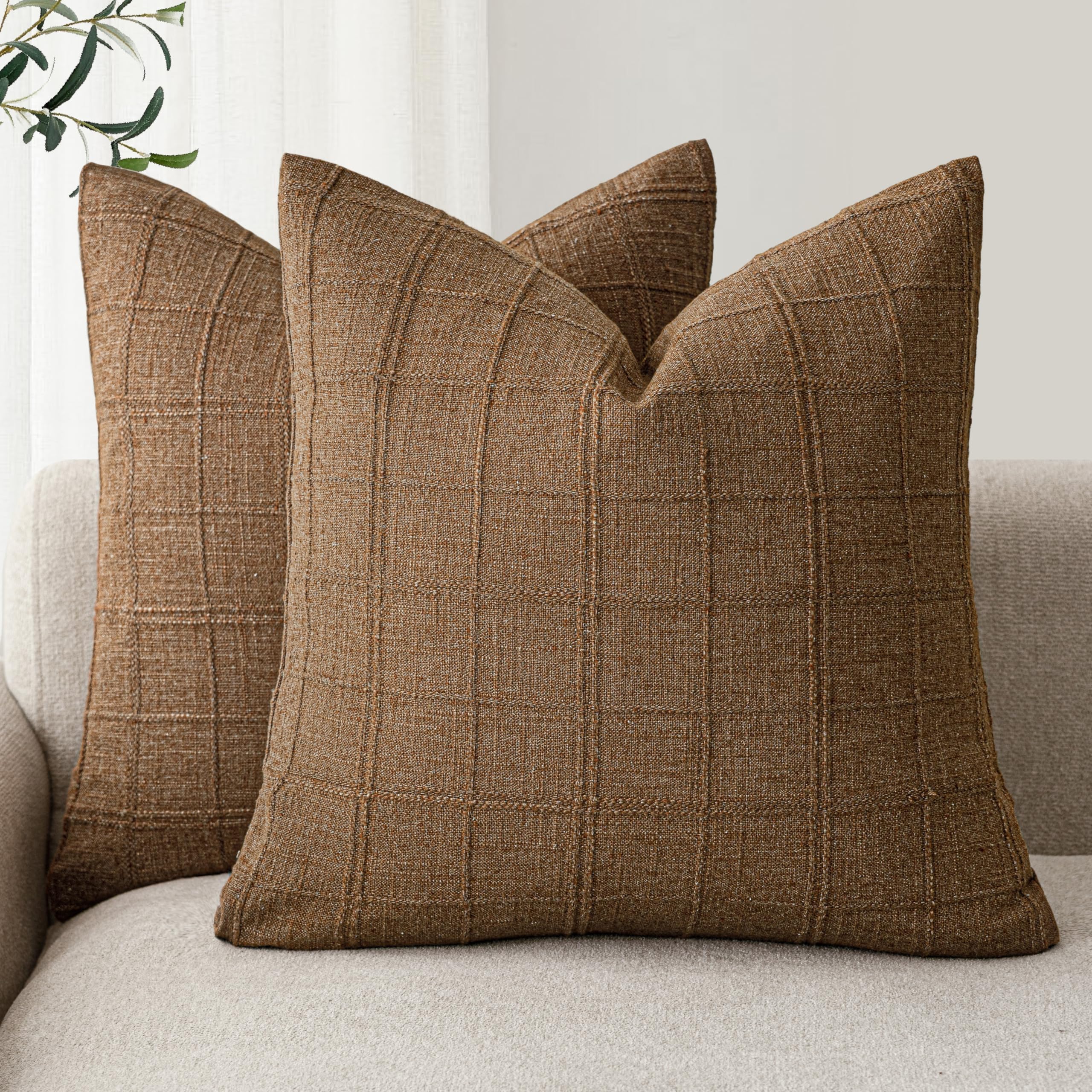 Foindtower Set of 2 Decorative Linen Check Throw Pillow Covers Neutral Farmhouse Vintage Cushion Covers Modern Boho Home Decor for Sofa Chair Couch Bedroom Living Room,18×18 Inch,Natural Beige