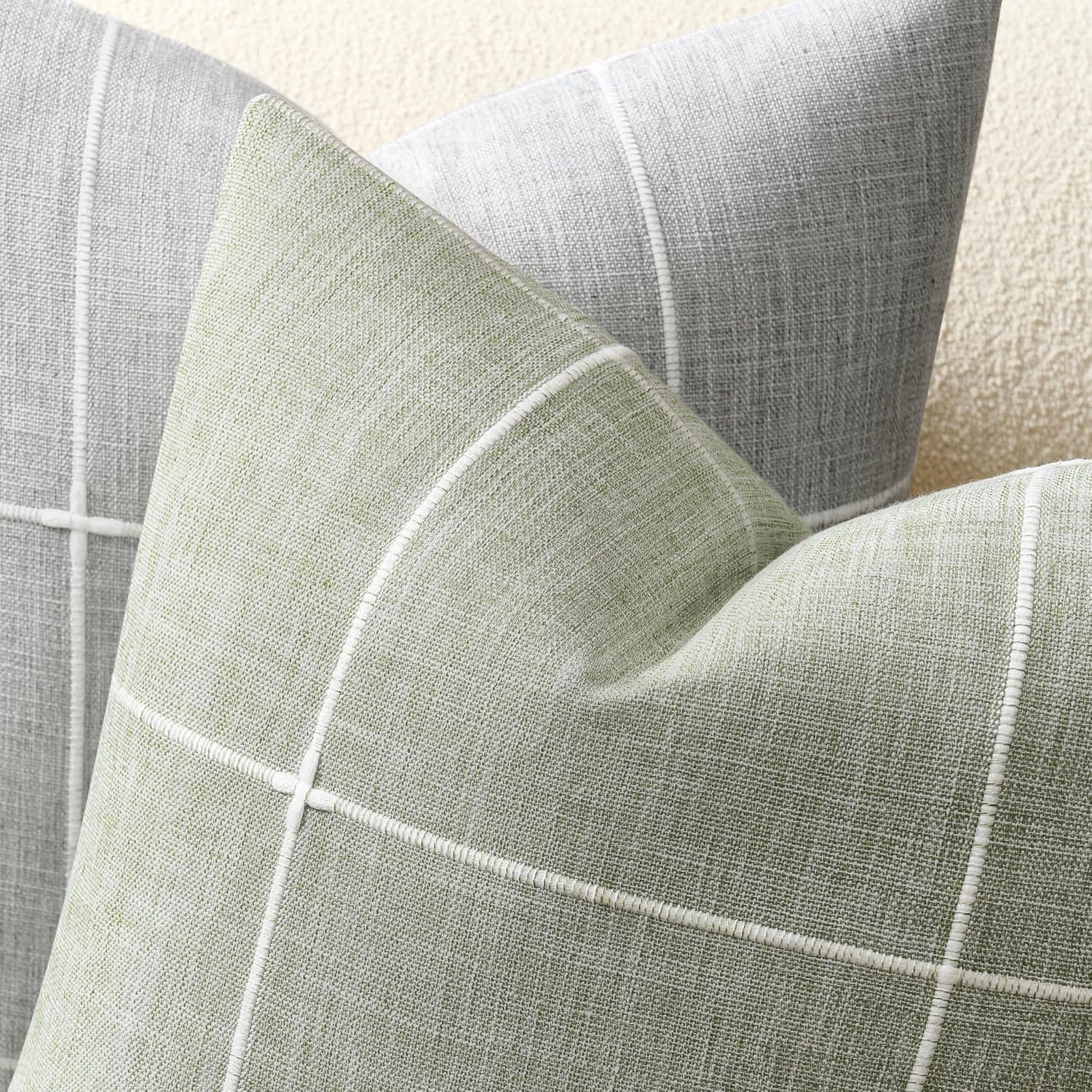 2 Packs Grid Embroidery Throw Pillow Covers, 18x18 Inch Light Sage Green, Farmhouse Linen Decorative Light Green Cushion Covers for Sofa Bed Living Room Home Decor